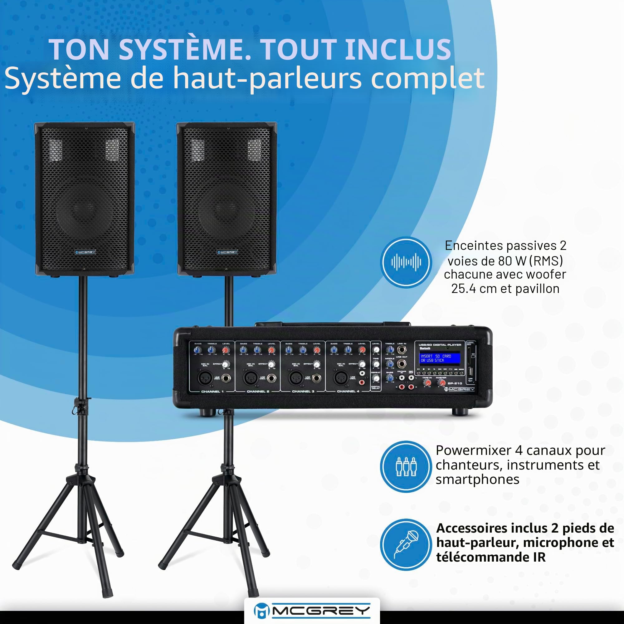 McGrey BP-210 Bandpack Système PA - Mixeur 4 Canaux - Réverbération Numérique - Bluetooth - Port USB/SD - Enceintes 2 Voies avec Woofer 10" et Horn - Inclus Micro, Pieds et Câbles - 100 Watts