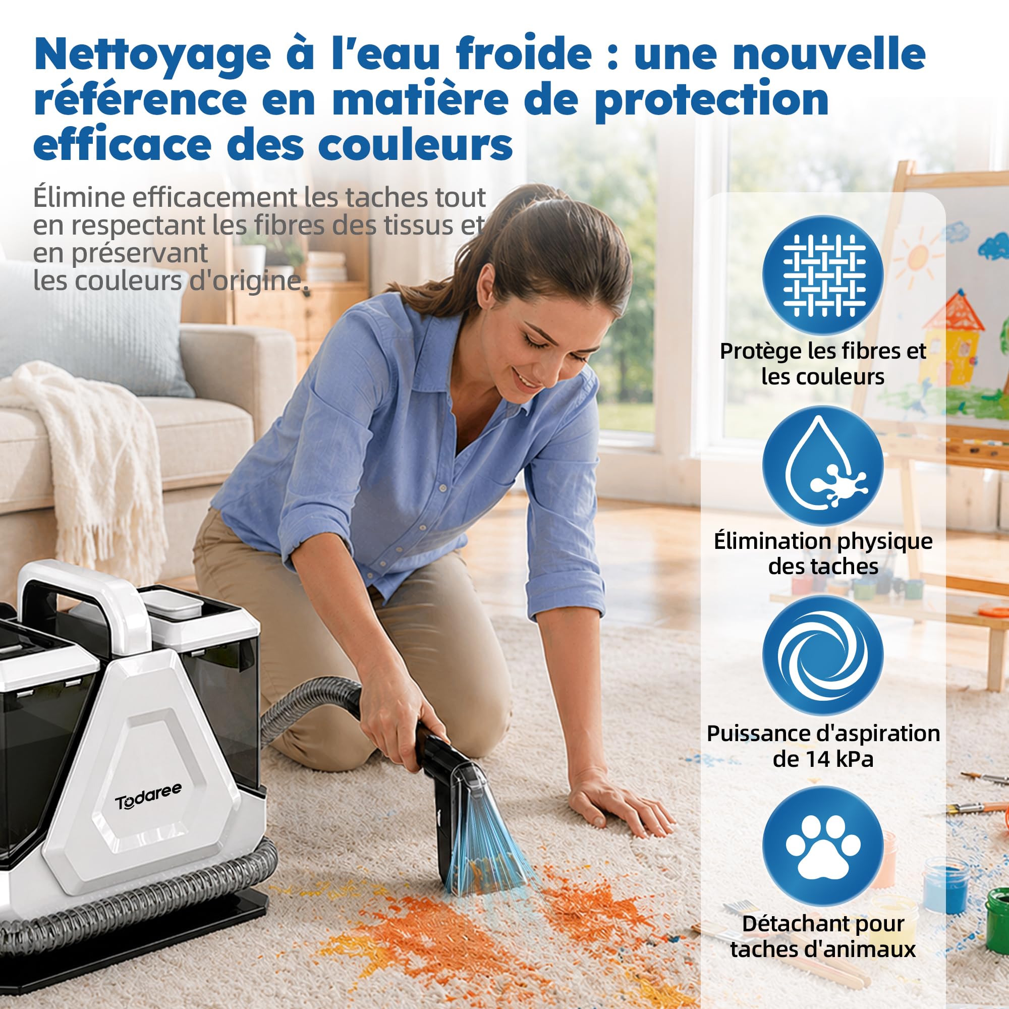 Nettoyeur Canapé et Moquette, Shampouineuse Tapis 14 kPa, Aspiration Puissante Eau Froide, Double Réservoir Auto-Nettoyant pour Siège Auto Matelas