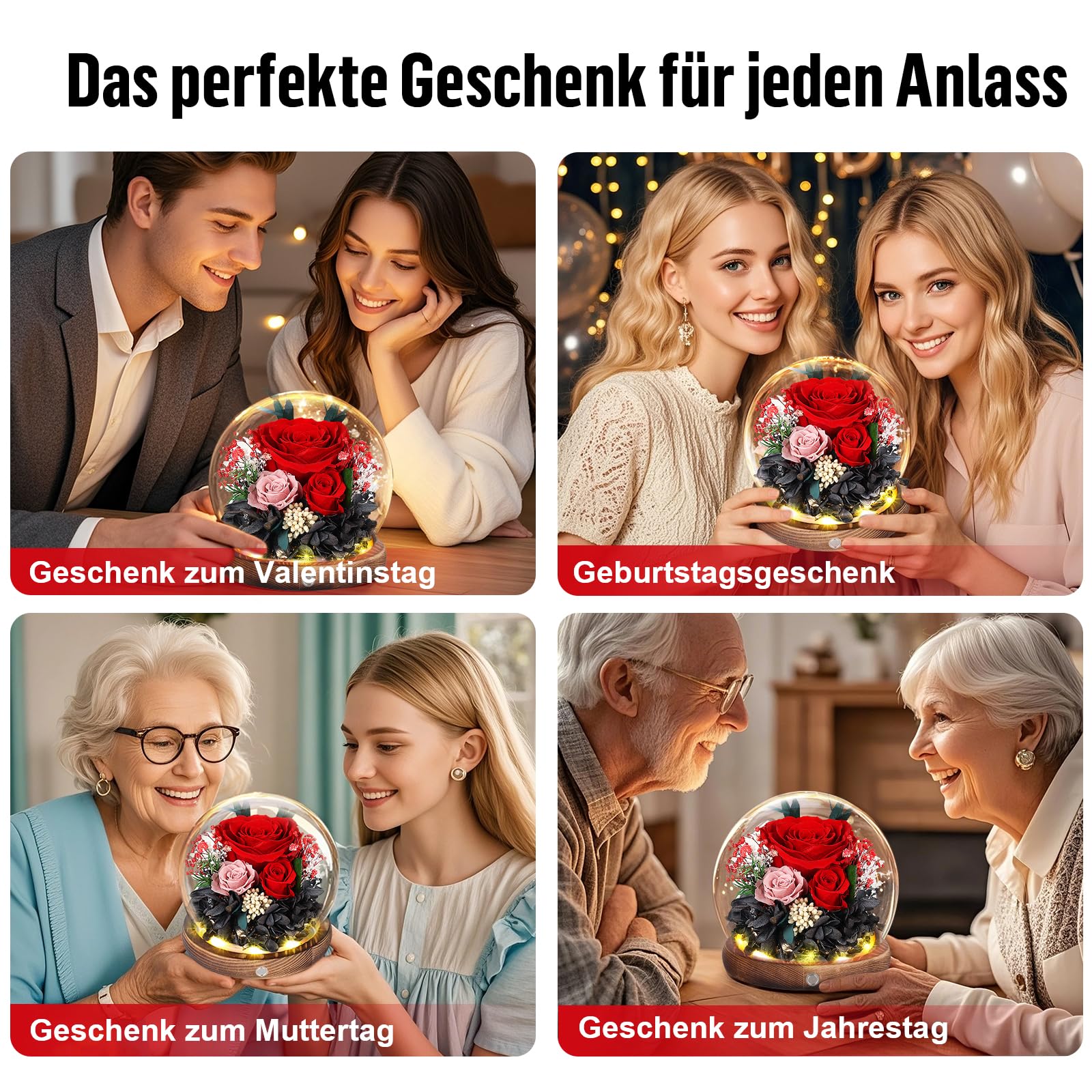 Ewige Rosen im Glas mit LED Licht, Infinity Rose, Konservierte Rosen aus echter Blume, Geschenk für Frauen, Mama oder Freundin, Valentinstag, Jahrestag, Geburtstag, Muttertag, Rote Rose
