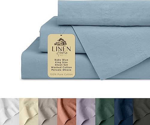 Linen Home Juego de sábanas de percal de algodón lavado, arcilla Tera, bolsillo profundo, 4 piezas, 1 sábana encimera, 1 sábana bajera y 2 fundas de
