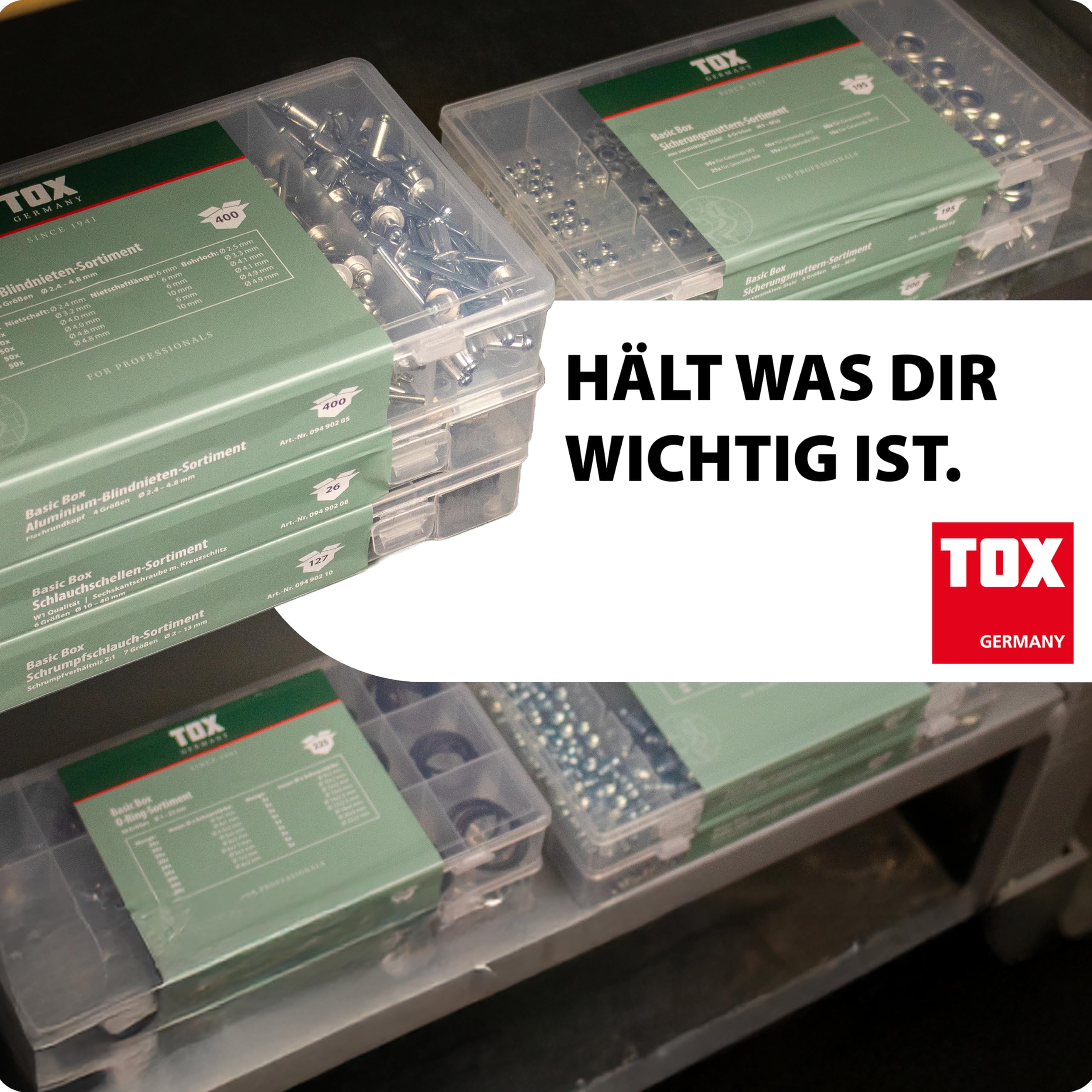 TOX Set mit Schmiernippel-Sortiment (110-tlg.) + Cuttermesser mit 2 Ersatzklingen, Schmiernippel in Transportbox und 10 gängigen Größen M6, M8 und M10, als A-, B- und C-Ausführung, 094909158