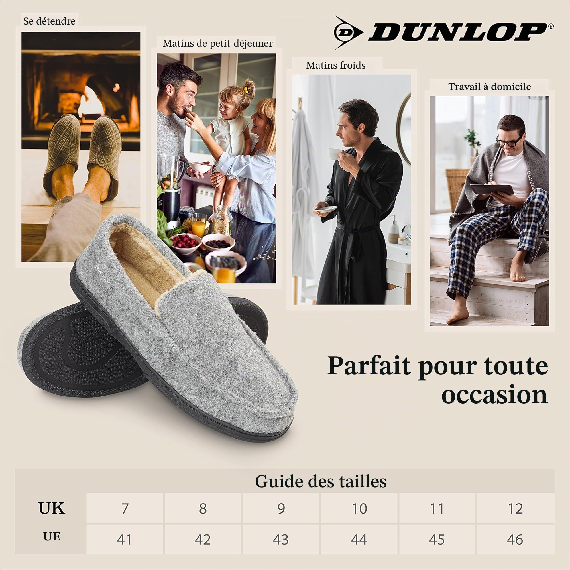 DUNLOP Chausson Homme Semelles Antidérapantes Chaussons Charentaises Hommes Mémoire de Forme Intérieur Extérieur Pantoufles Mocassins Loafers Hiver