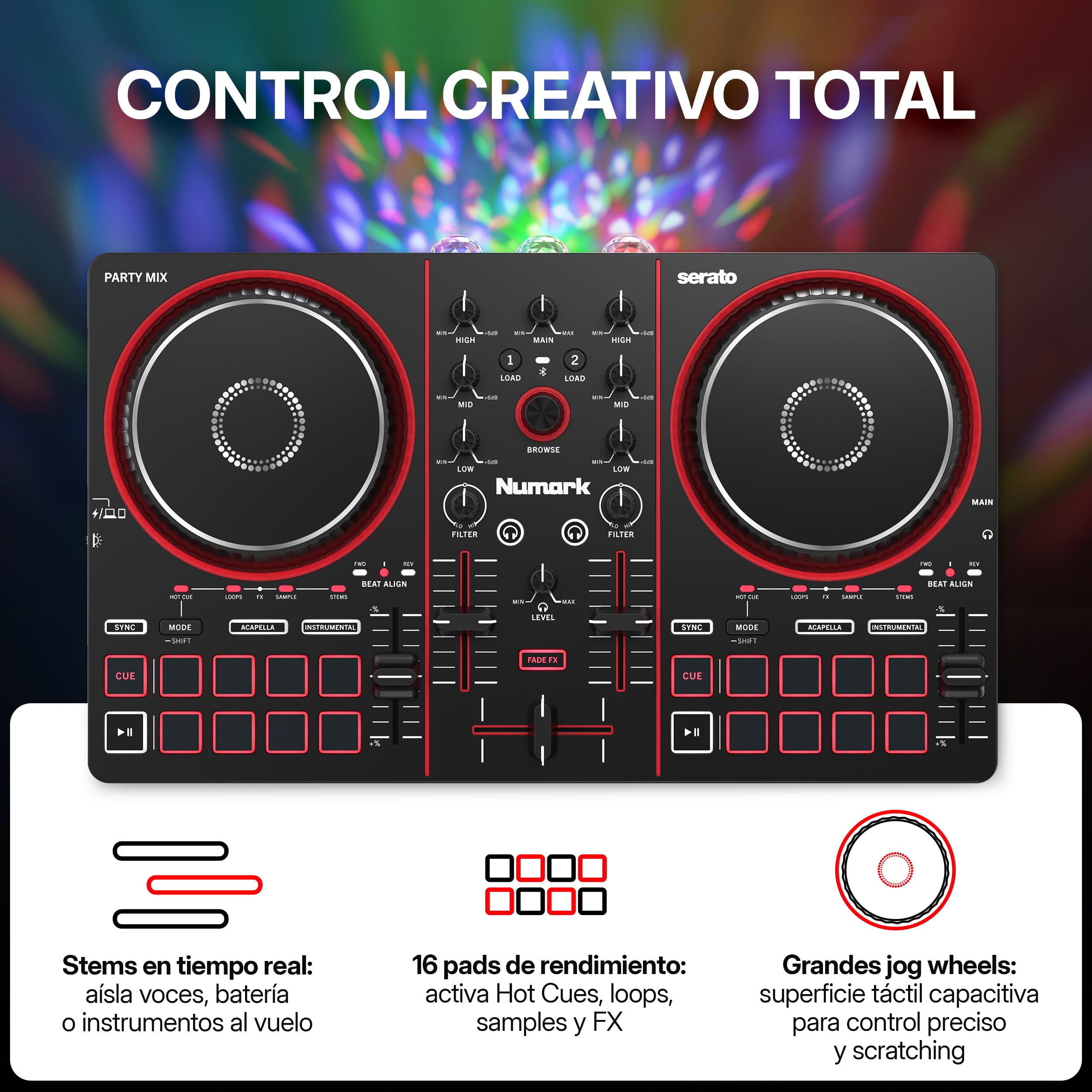 Numark Party Mix III Controlador DJ Bluetooth con Luces Integradas | Beat Assist, Smart Fader, 16 pads, mezclador DJ de 2 decks, control Stems, USB-C, Serato DJ Lite y Algoriddim djay incluidos