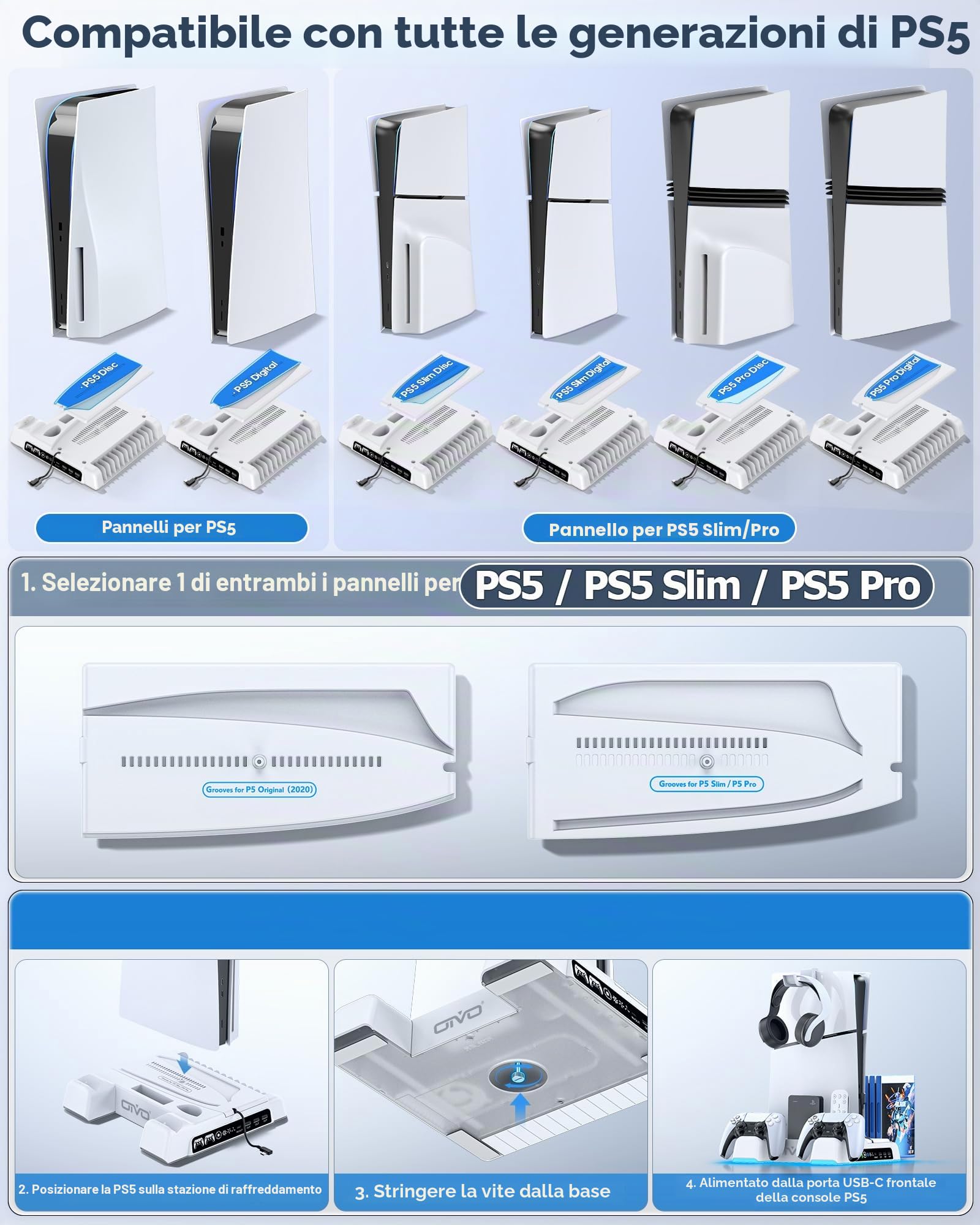 OIVO Supporto per PS5/Slim/Pro con Ventola di Raffreddamento, Ricarica Controller e Conservazione per 14 Giochi