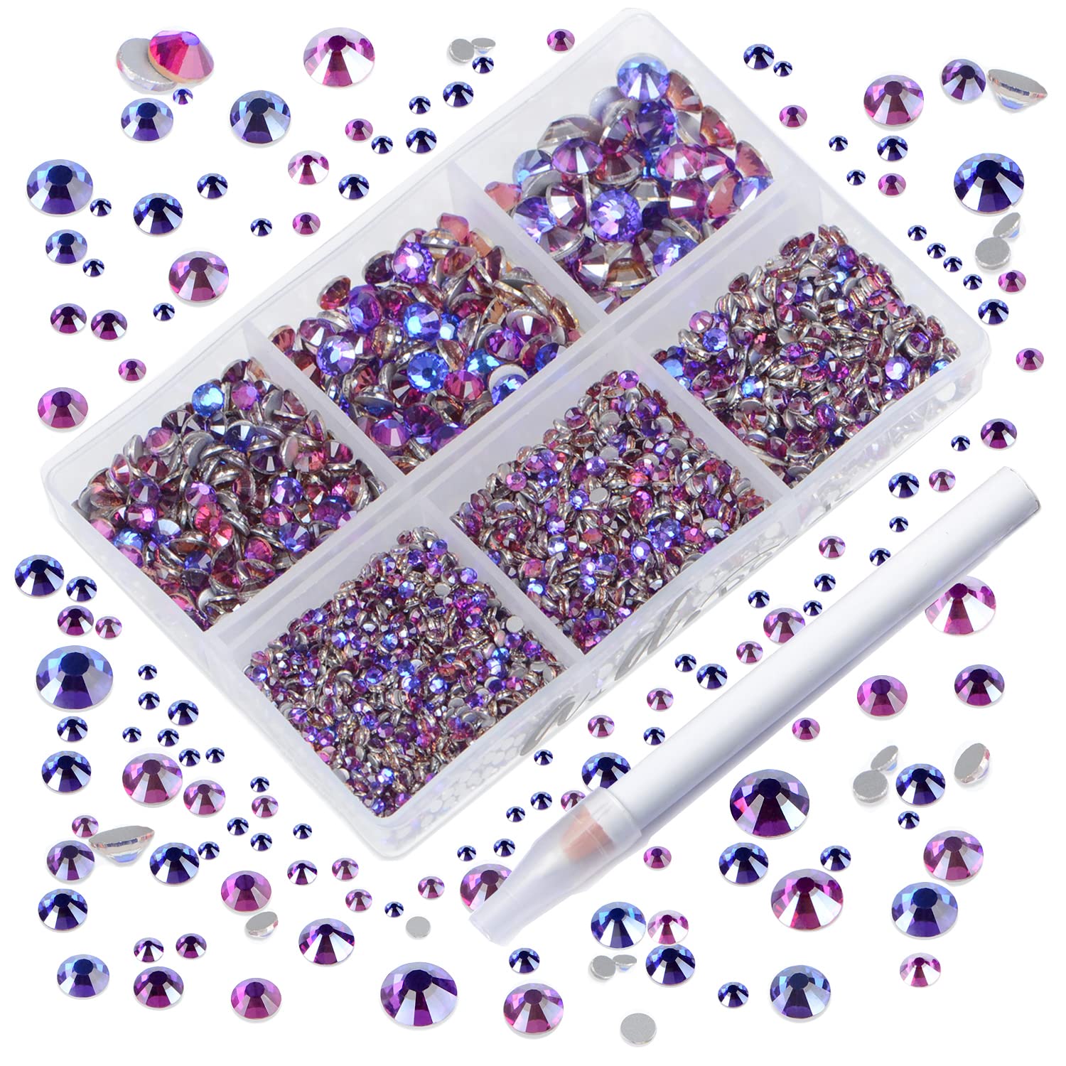 AD Beads 4300 Pieces Flat Back Nail Art Rhinestones Round Beads 6 Sizes (2-6.5mm) with Storage Organizer Box,Rhinestones Picking Pen for Nail Art