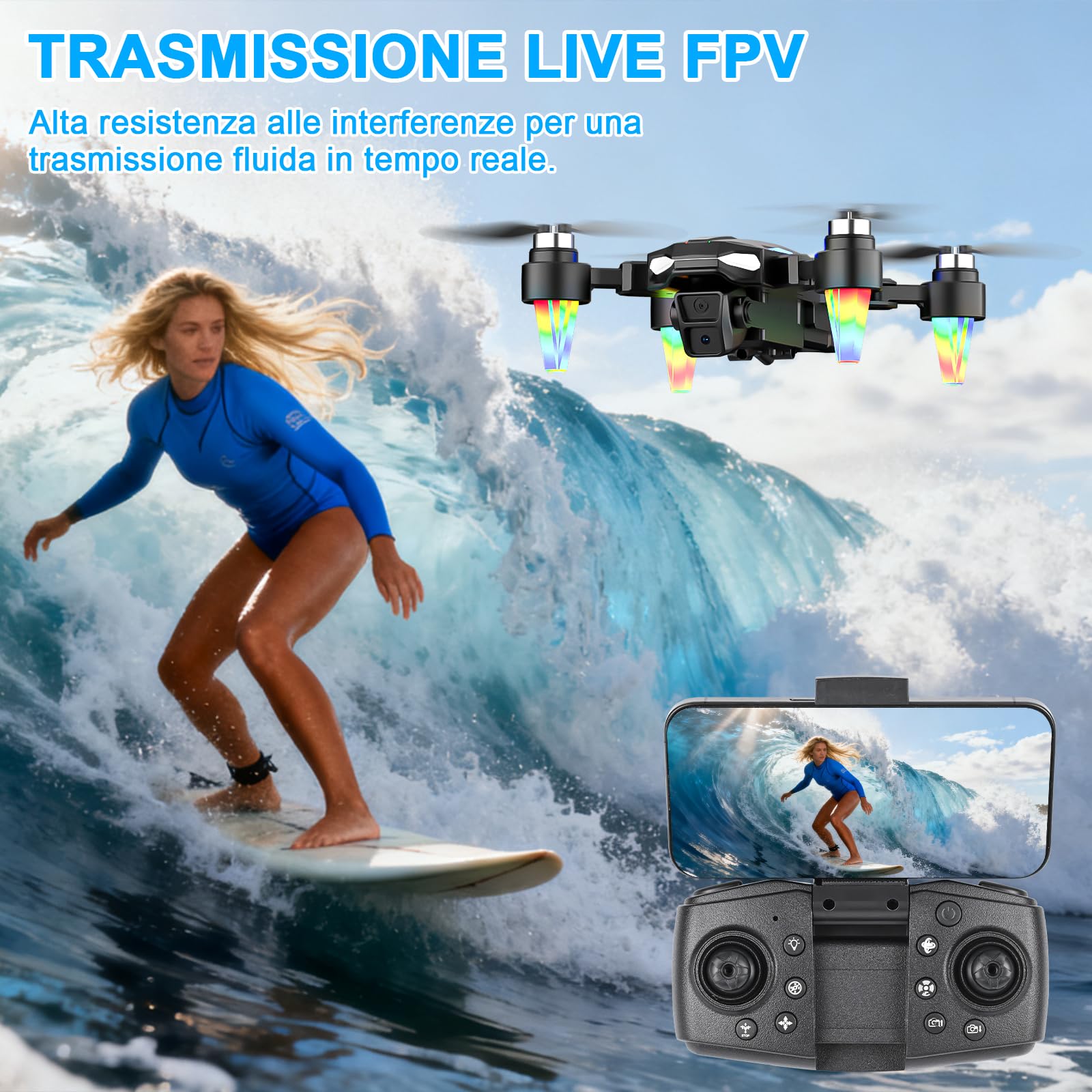 Drone Pieghevole con Telecamera 4K, GuKKK Brushless Motore Droni con 2 Telecamere, Quadcopter RC FPV WiFi Fotocamera Evitamento Attivo Degli Ostacoli, Altitude Hold, 2 Batterie, per Principianti