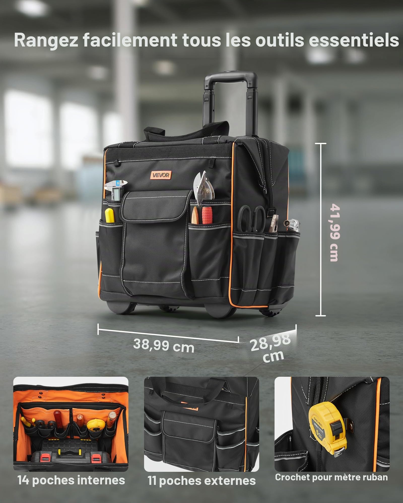 VEVOR Sac à Outils à Roulettes, Charge 50 kg, Caisse à Outil, 39x29x42 cm, avec 25 Poches, Poignée Télescopique, Base Stable, Sac Organisateur Outils Robuste pour Électriciens, Plombiers, Mécaniciens