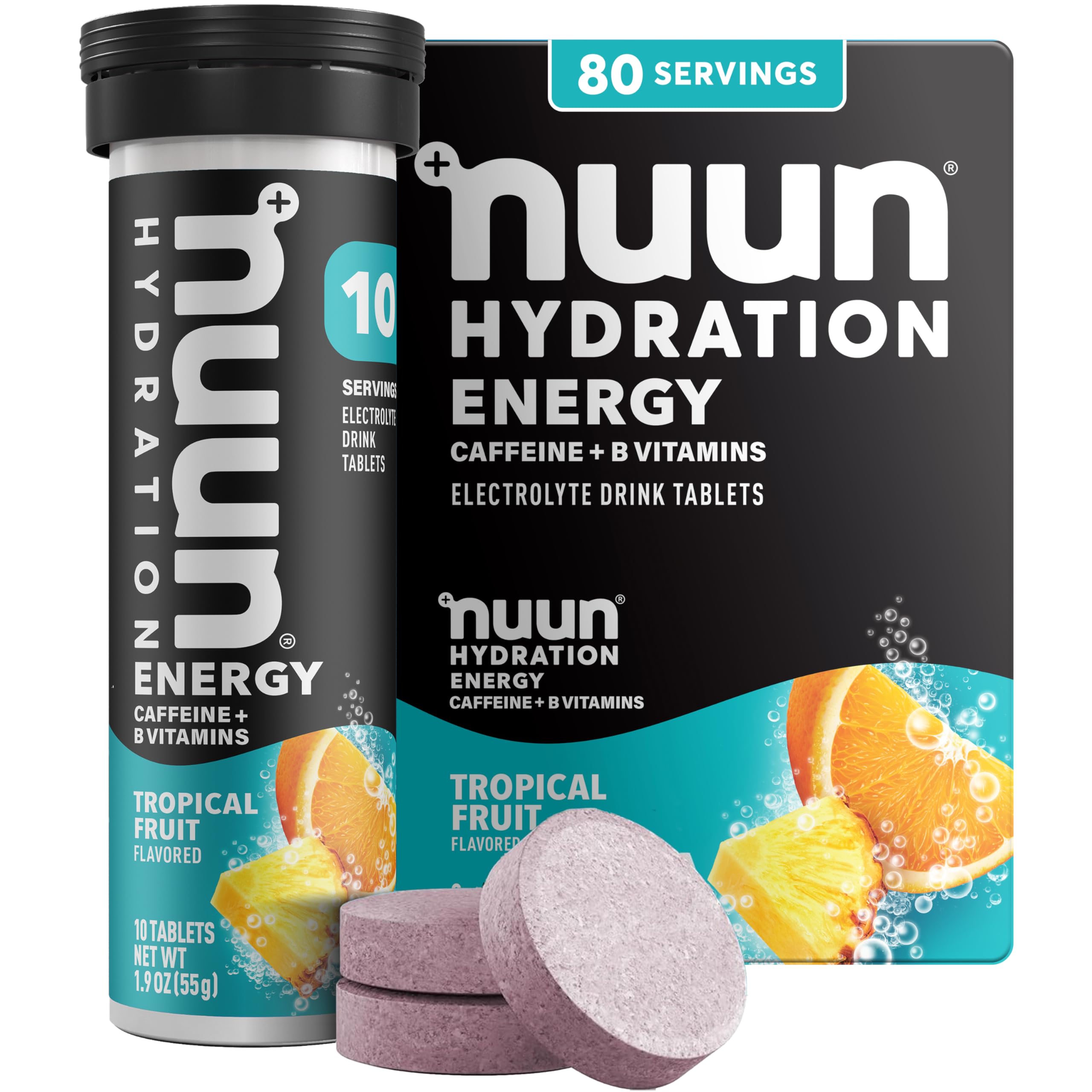 Nuun Energy Caffeine + B Vitamins, Electrolyte Hydration Tablets with Caffeine from Green Tea Extract, Magnesium &amp; 4 Other Electrolytes, Gluten Free, Vegan, Tropical Fruit, 8 Pack (80 Servings Total)