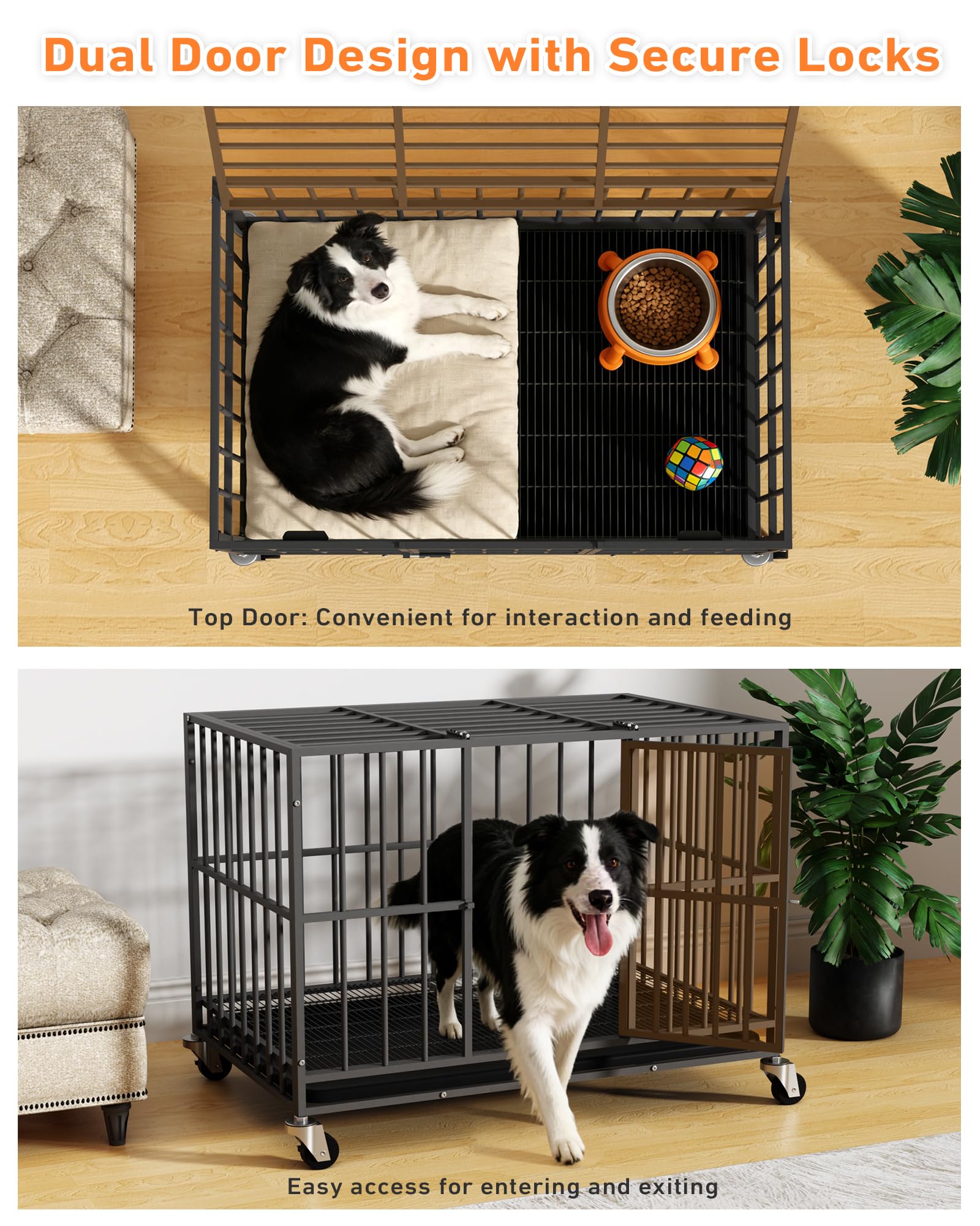 38 in Heavy Duty Dog Crate Steel Escape Proof, Indoor Double Doors and Lockable Wheels,Removable Tray, for Small and Medium Dog Breeds - image 2