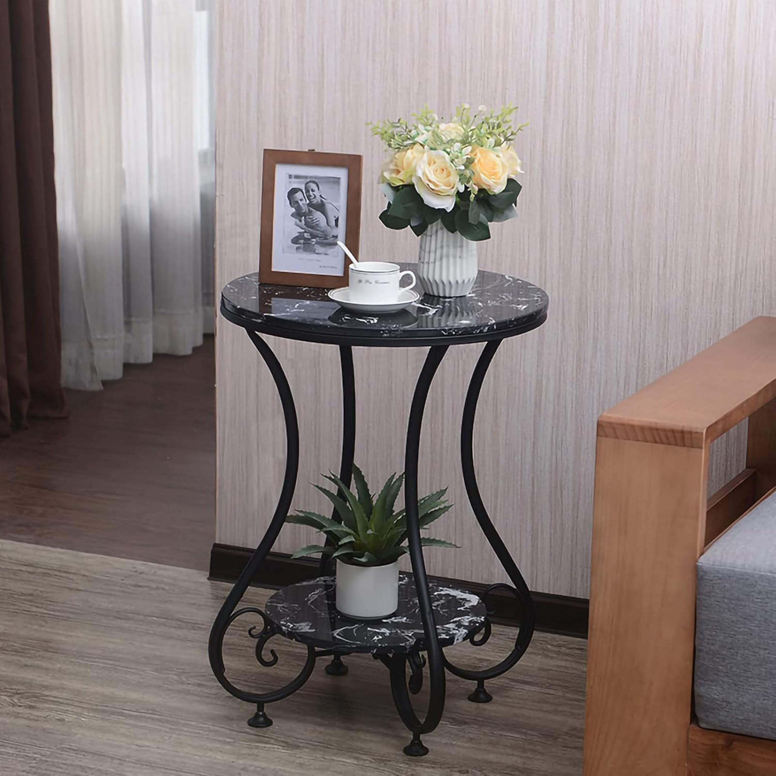 Simple Modern Bedside Side Table with Farmhouse Accent Coffee Table, Engineer Top Metal Living Room Sofa, End Table,Small Round Table (Black)