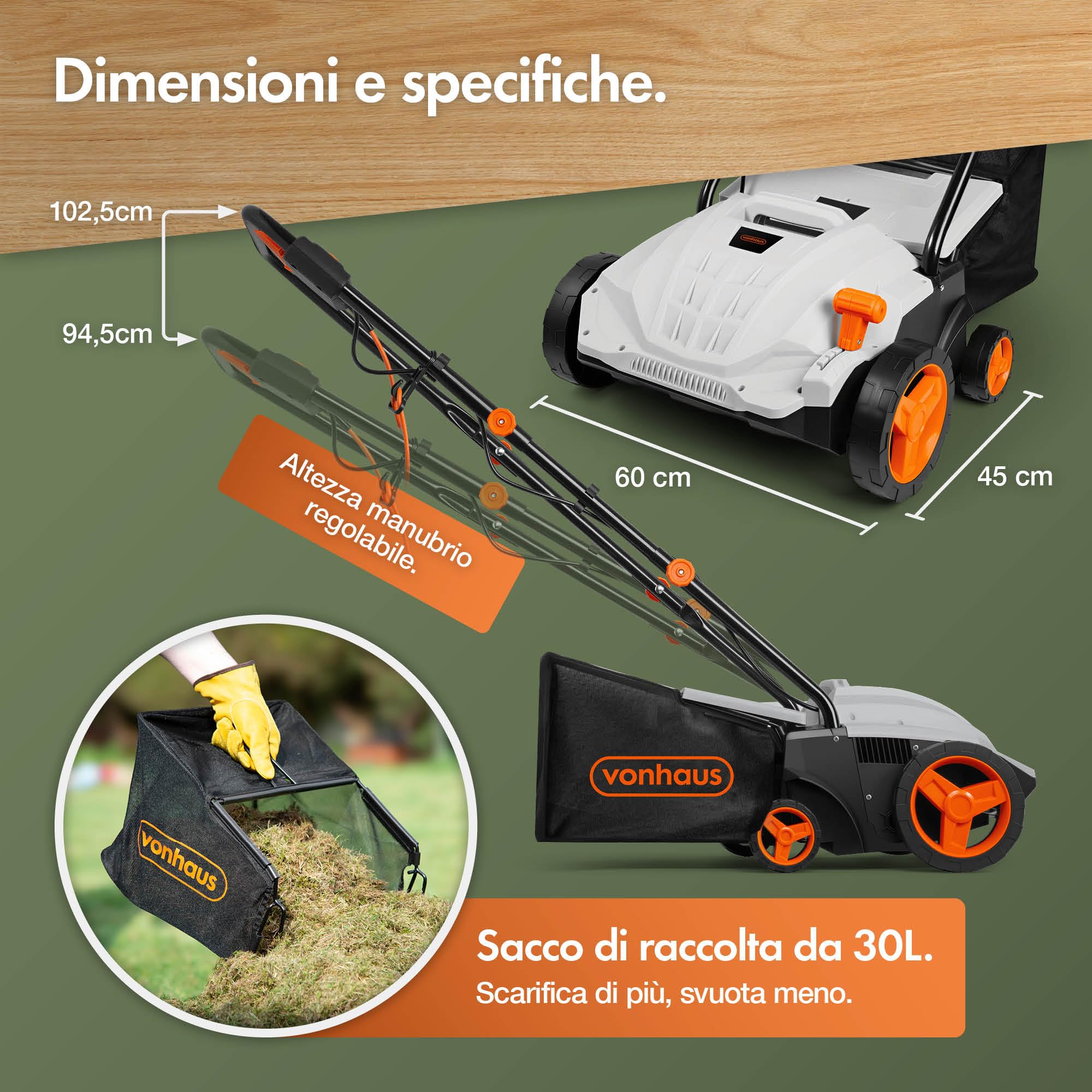 VonHaus Scarificatore Elettrico 1800W 55L 38cm 5 Altezze
