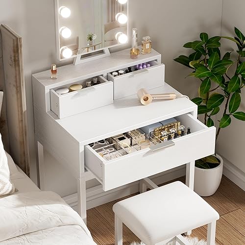 Miniatura 8 de BOLUO - Escritorio de maquillaje blanco con espejo de Hollywood y luces, juego de tocador para niñas con taburete, mesa de maquillaje compacta con