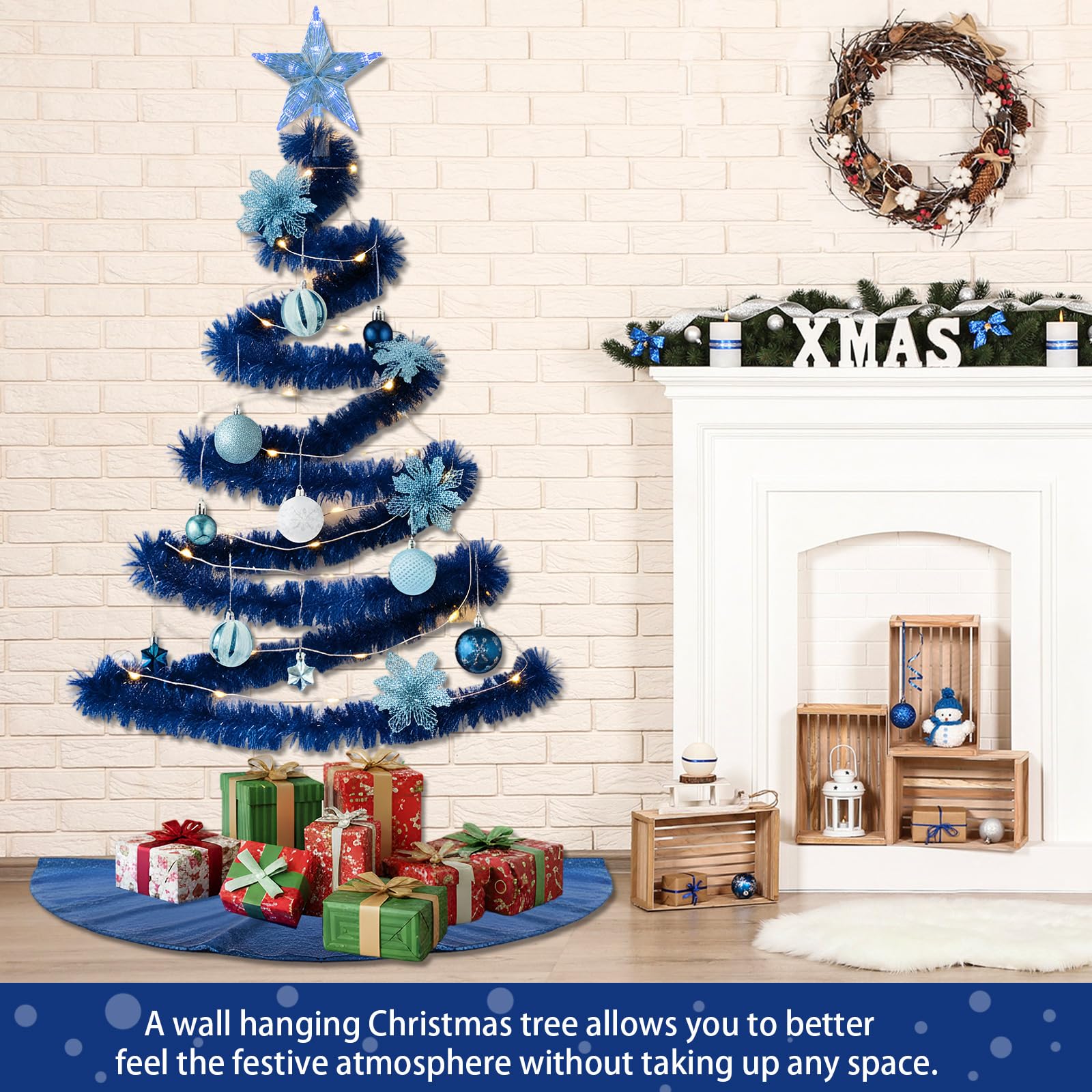 HyDren Lot de 91 décorations de sapin de Noël à suspendre au mur avec lumières - Guirlande de Noël de 20 m - Étoile, décoration de sapin - Décoration d'intérieur (bleu)