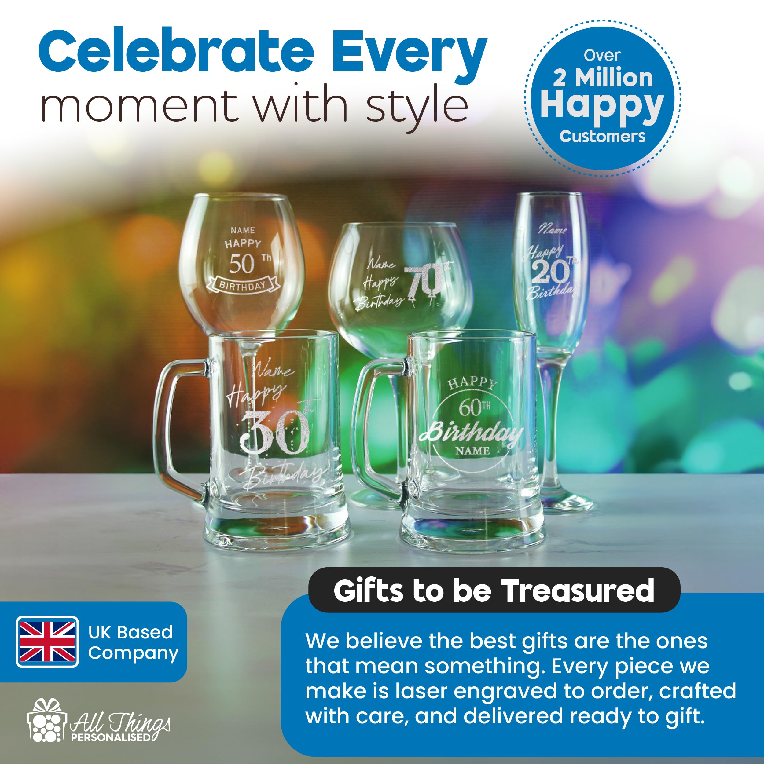 Chope à bière gravée personnalisée avec inscription « Happy 70th Birthday » dans une boîte cadeau