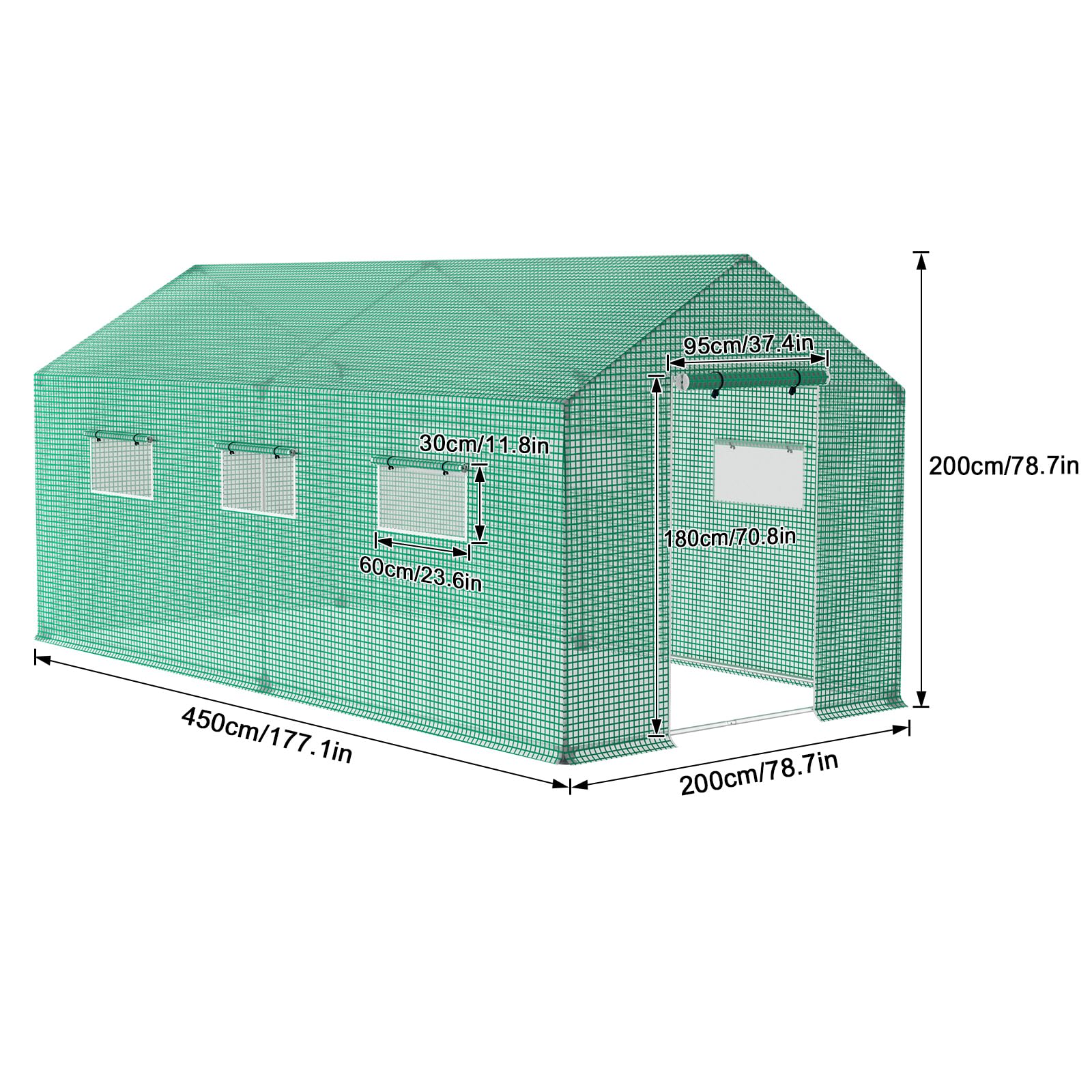 Froadp Tuinkas van Verzinkte Buis Tomatenkas Winterbestendig Tuinkassen Foliekas Inloopkas met Roosterfolie Raam Vorstbescherming Broeikas Groen Broeikas voor Outdoor Tuinplanten (9m², 4,5x2x2m