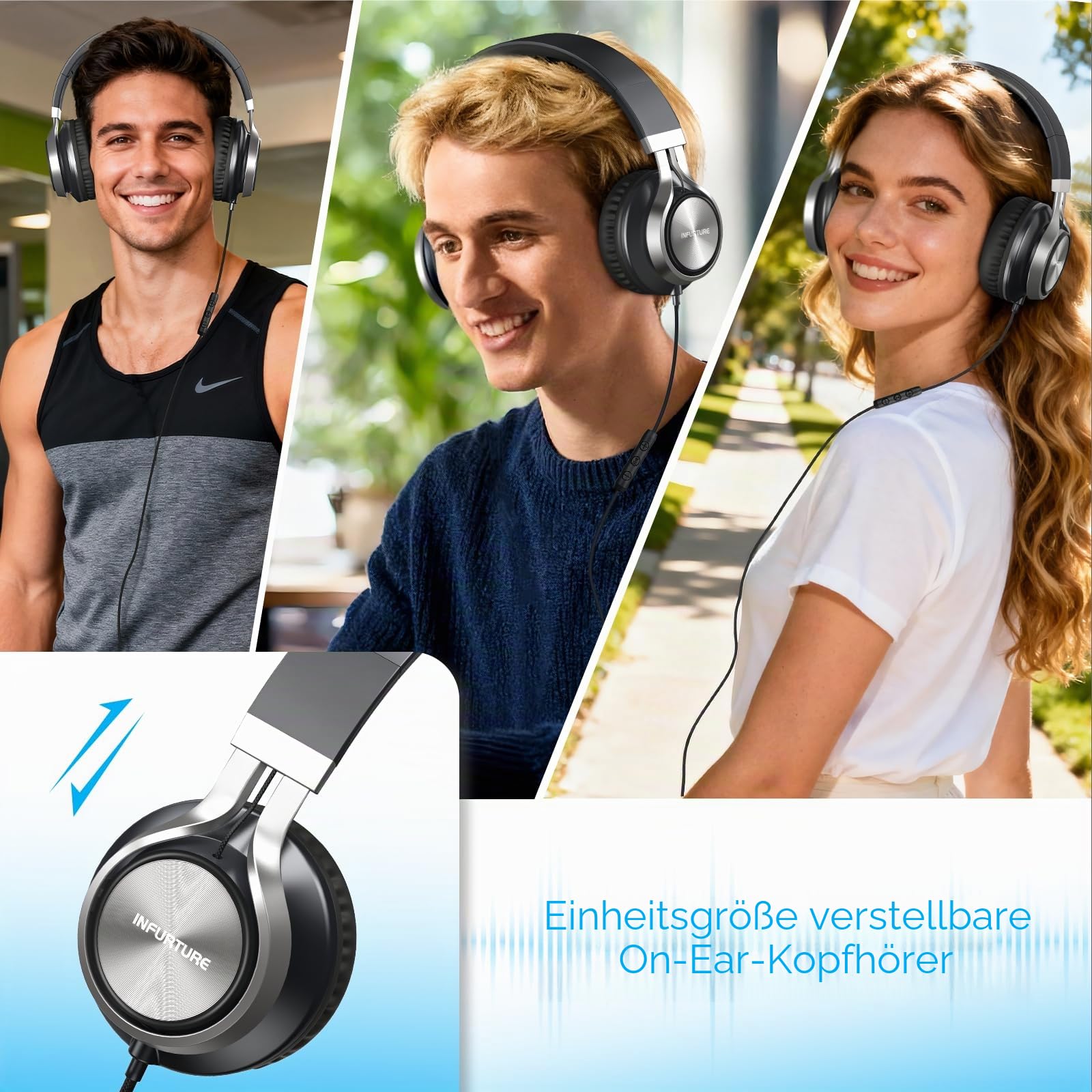INFURTURE USB C Kopfhörer mit Mikrofon und Lautstärkeregler, Faltbare Kopfhörer Over Ear, Leicht Kopfhörer für Schule/Reisen/Zoom-Meetings/Online-Kurse/Sport/iPhone 17/16/15,Technikgeschenke - Schwarz