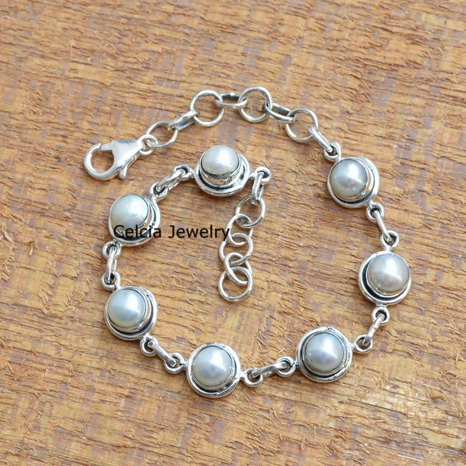 Bracciale in argento sterling puro 925 per donne e ragazze, braccialetto di perle naturali con pietre preziose Bracciale artigianale unico per lei o lui