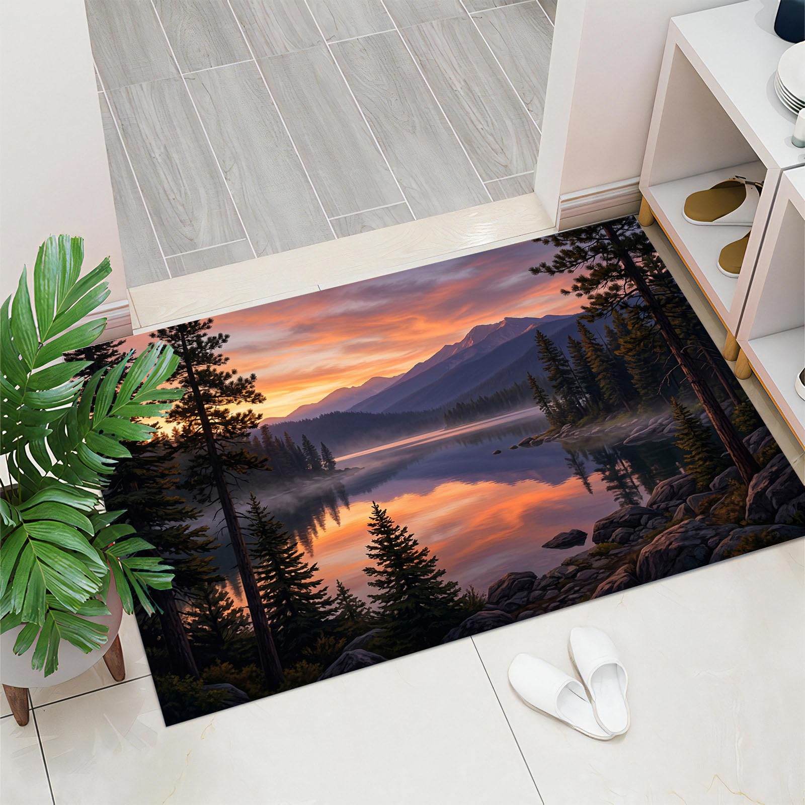 Tapis de porte d'intérieur antidérapant 60 x 90 paillasson mince entrée cuisine forêt orange