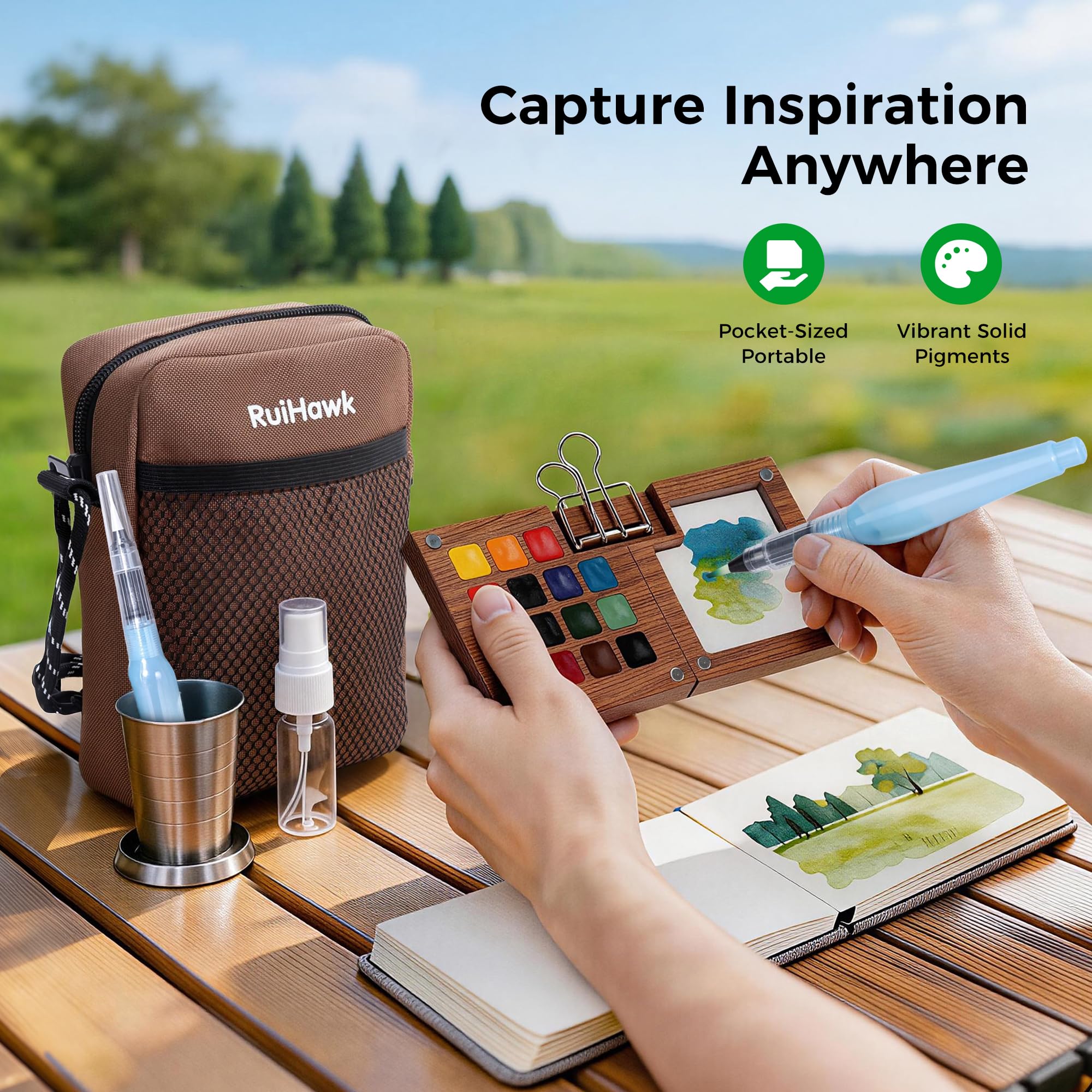 Amazon | RuiHawk 15色水彩絵の具セット、オールインワントラベル水彩