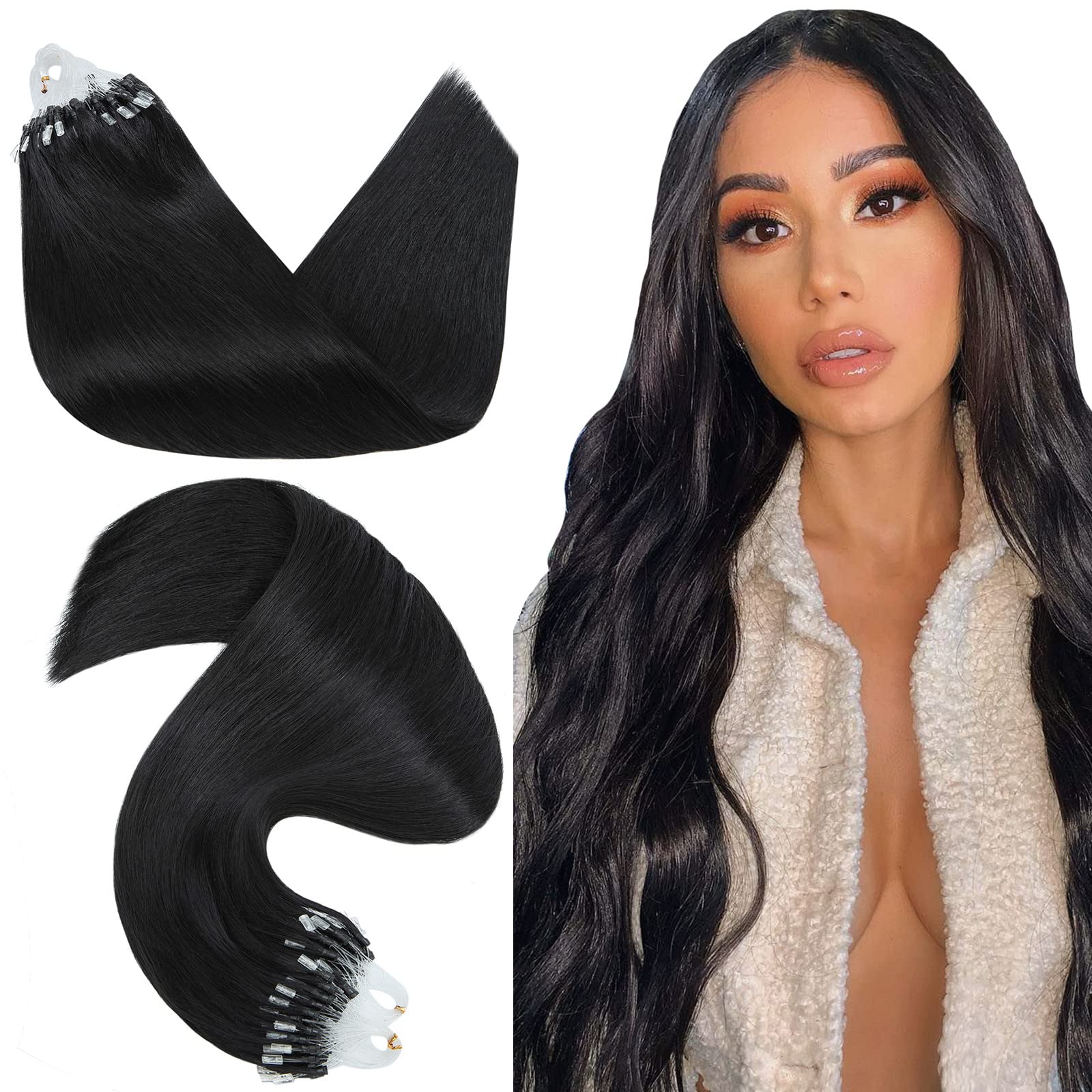 Hairro Microlink Hair Extensions Human Hair Micro Loop Bead In Hair Micro Ring I Tip Pre Bonded Cold Fusion Keratin Glue Stick Remy Itip Hair For Women 18 Inch 50g 50 Strands #01 Dark Black