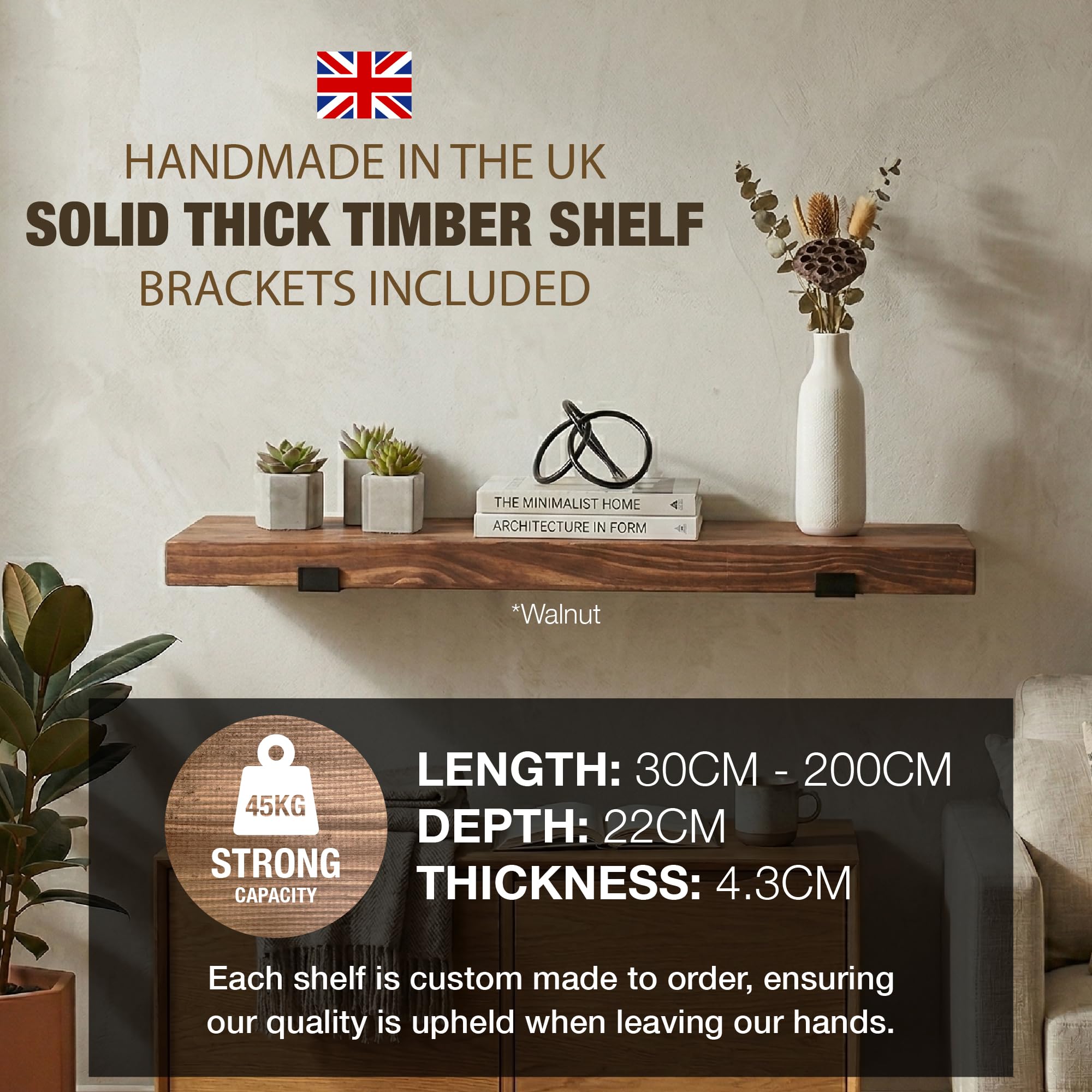 Top Notch Home & Living Handcrafted Rustic Wooden Wall Shelf, Incl 2 Up Brackets - Image 2