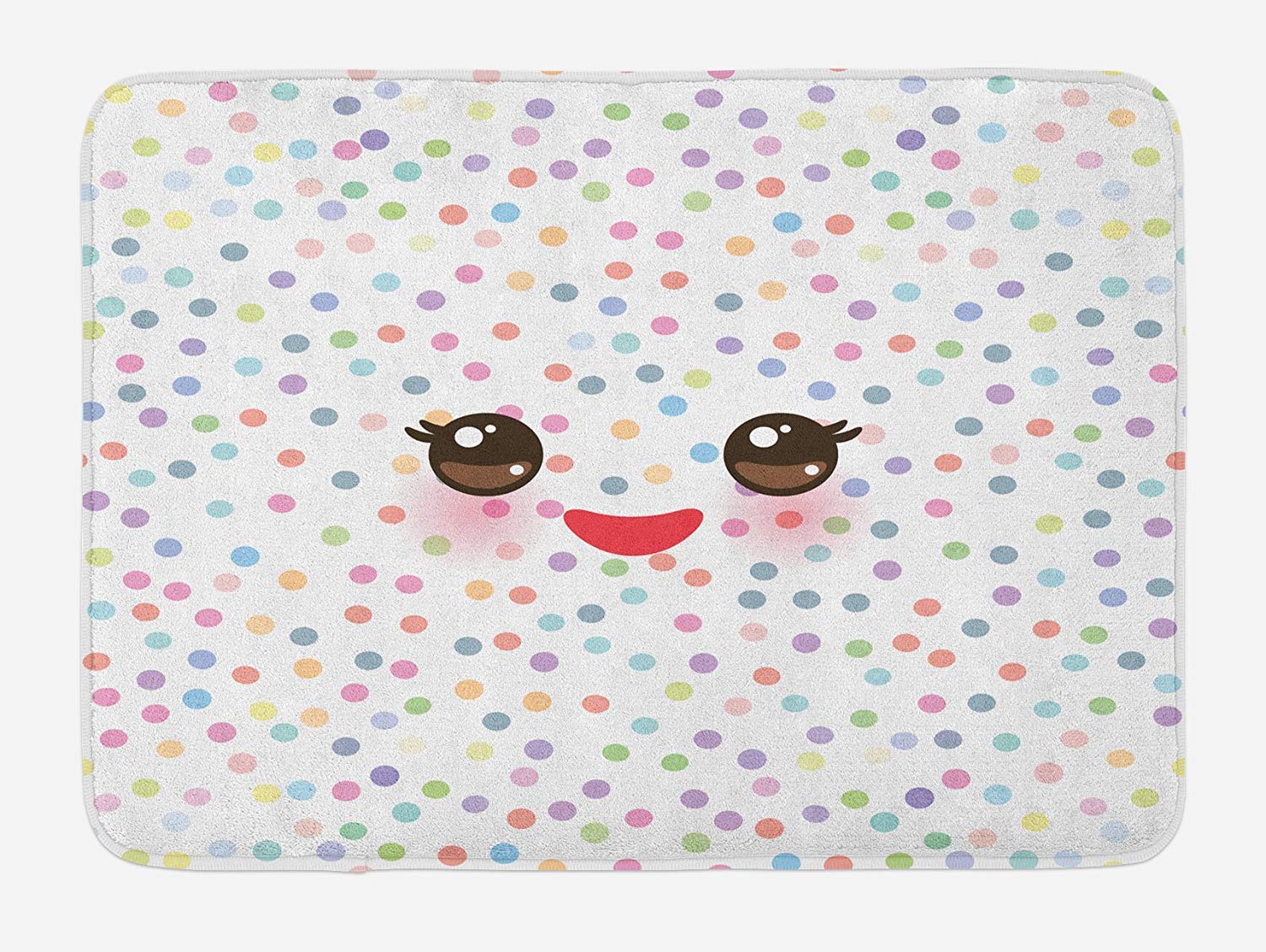OQUYCZ Eyelash Bath Mat, Kawaii Funny Muzzle with Pink Cheeks and Cute Eyes on Colorful Polka Dots Backdrop, Plush Bathroom Decor Mat with Non Slip Backing, 23.6 W X 15.7 W Inches, Multicolor
