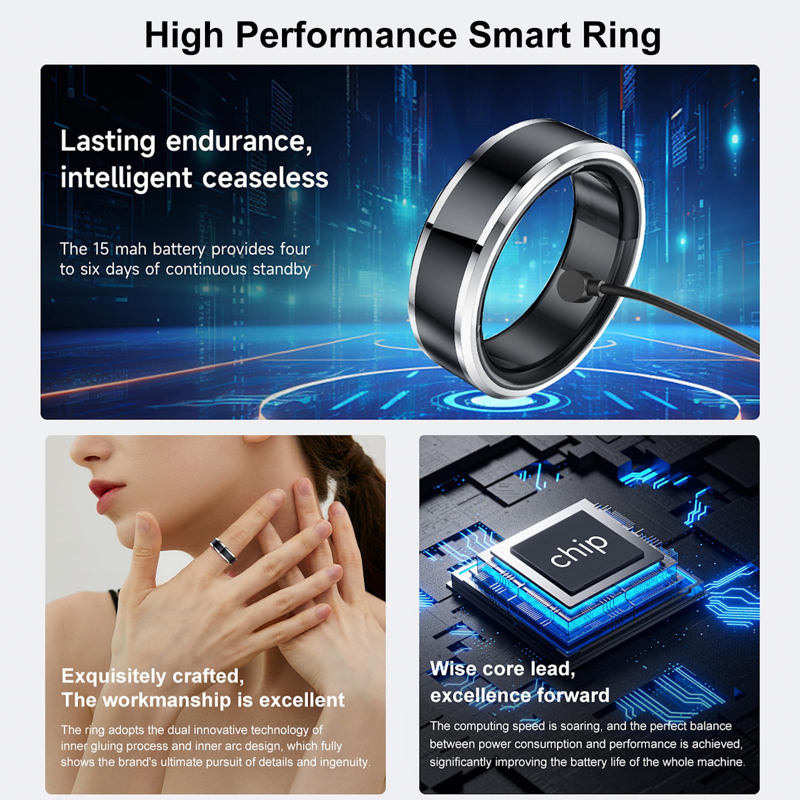findtime Smartring Smart Ring Android iOS Fitness Ring Tracker Anello Smartracker per uomo e donna, cardiofrequenzimetro, contapassi, monitoraggio del sonno, anello intelligente argento e oro