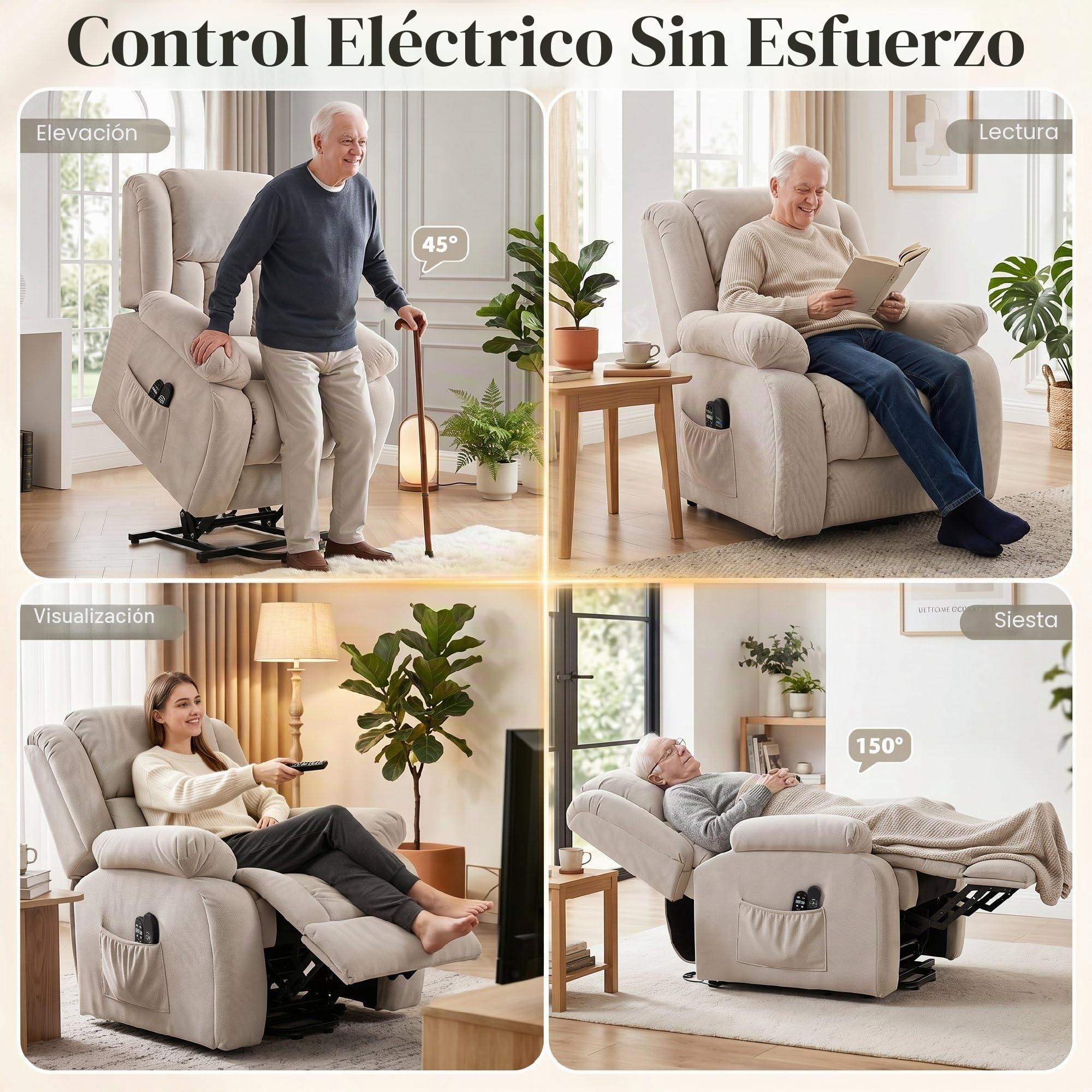 HOMCOM - Silla elevadora eléctrica con función de masaje y calefacción, sillón relax eléctrico con respaldo reclinable, puertos USB, mando a distancia, reposapiés y bolsillo lateral, color beige