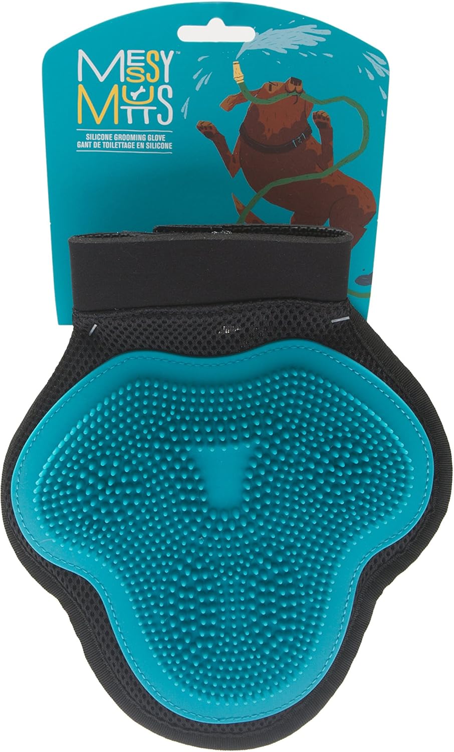 Messy Mutts Reversible Silicone Pet Grooming Glove | Gentle Massage, Brush, Bath and Dog Hair Removal Mitt | One Size Fits All | Blue