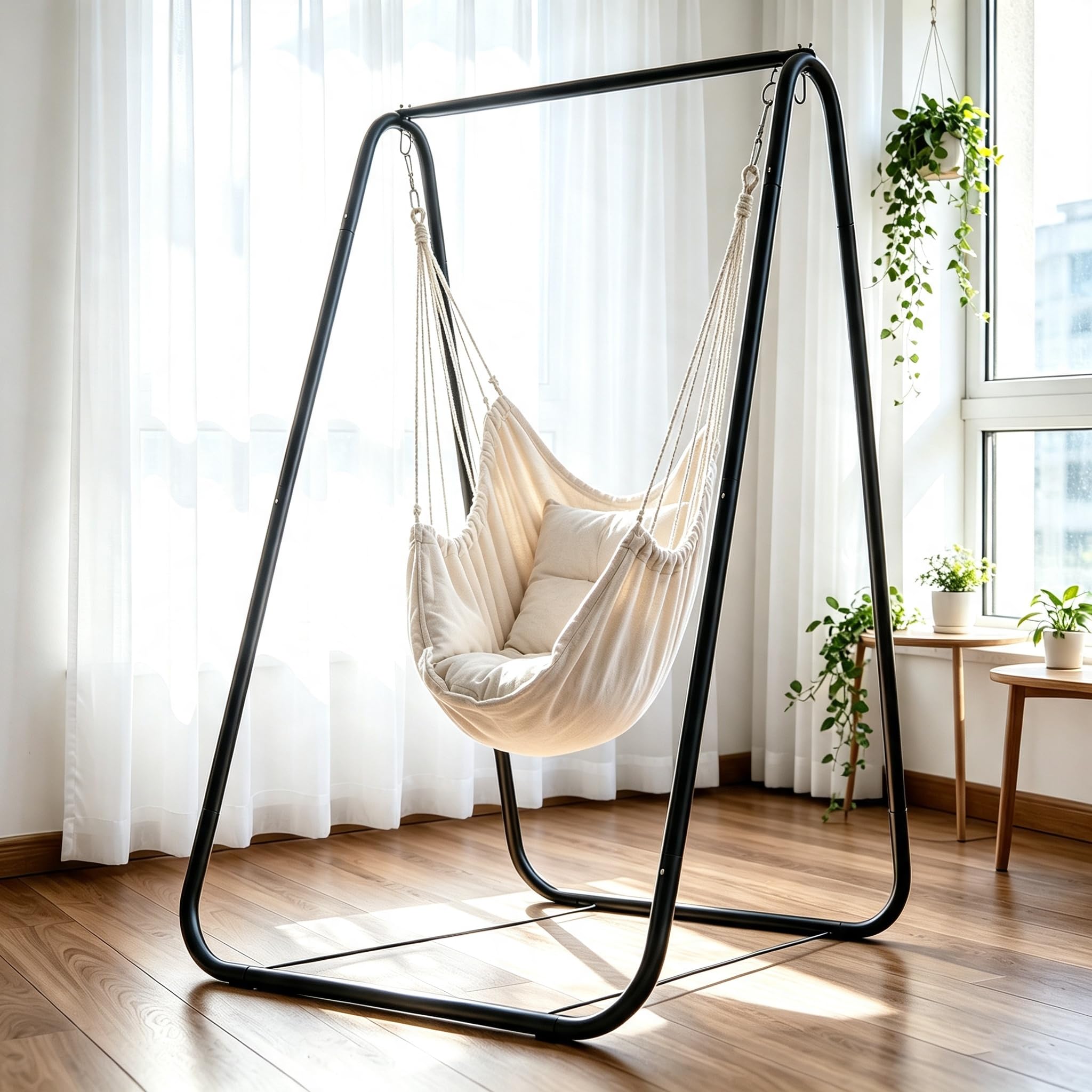 Fumweeb A-Shaped Hammock Chair Stand, 100KG Heavy Duty Rust-Resistant Metal Swing Stand, Anti-Slip Stable Hammock Frame for Indoor Outdoor Garden Patio Sensory Swing Home Use Black