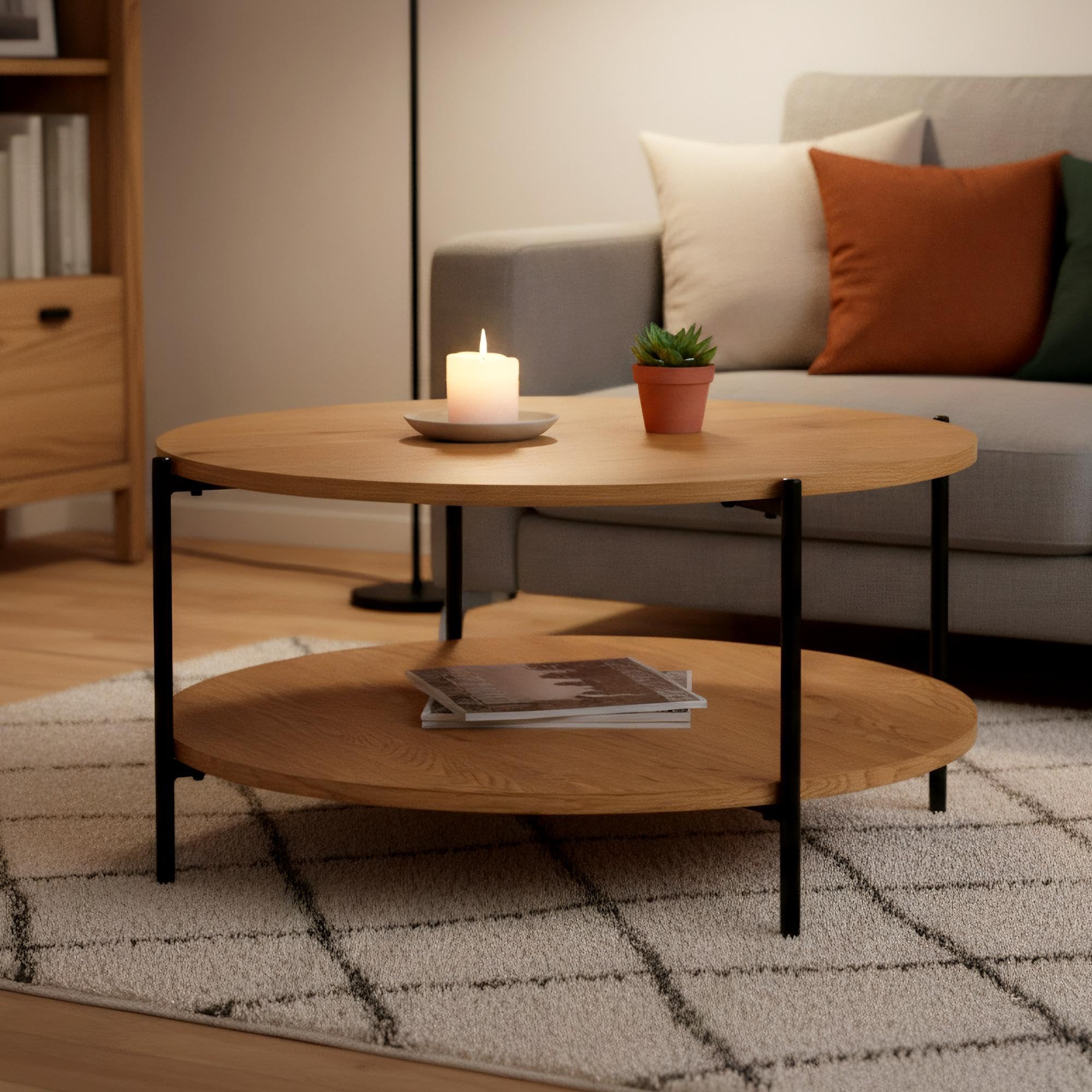 CLP Couchtisch rund Holz Edduma, Sofatisch 2 Ebenen mit Stauraum, Beistelltisch klein Metallgestell schwarz, Farbe:Natur, Größe:Ø 80 cm