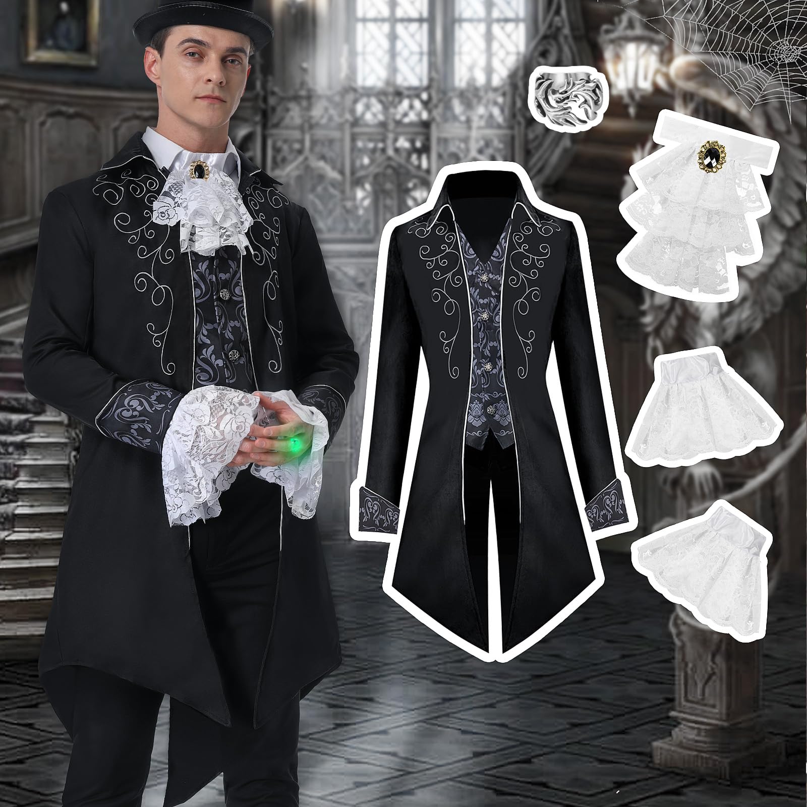 IEEILULU Veste Steampunk pour Homme, Médiéval Veste Victorienne Manteau, Gothique Renaissance Gothique Homme Steampunk avec Dentelle Jabot Menottes pour Halloween Cosplay