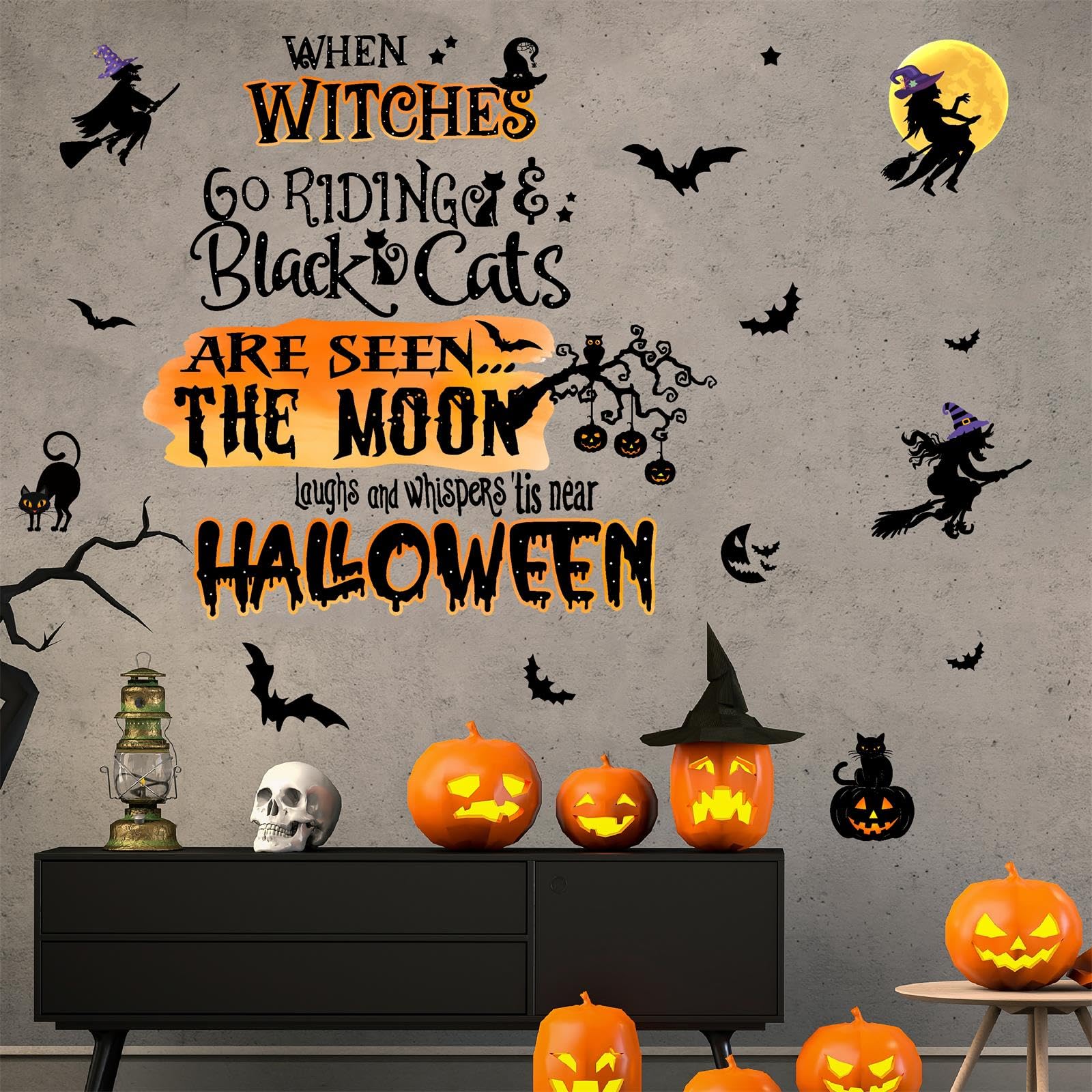 Halloween Wall Stickers Halloween Decoration Decals for Wall Witch Bats Decals Peel and Stick Stickers Funny Quotes Wall Art Murals for Living Room Bedroom Home Halloweens Party Favors Decor