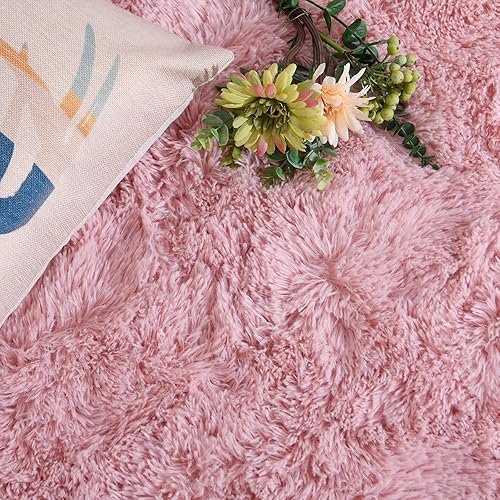 Miniatura 4 de DweIke Alfombra mullida y peluda, alfombra de felpa rosa para sala de estar y dormitorio, alfombras suaves para habitación de niños y niñas,