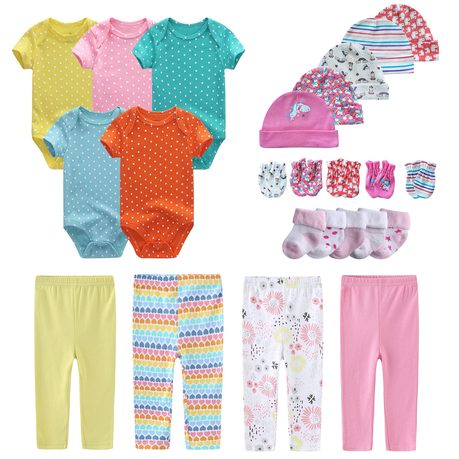 Newborn Layette Gift Set Bodysuits Pants for Baby Girl and Boy 24 Piece 100 Cotton Essentials and Accessories