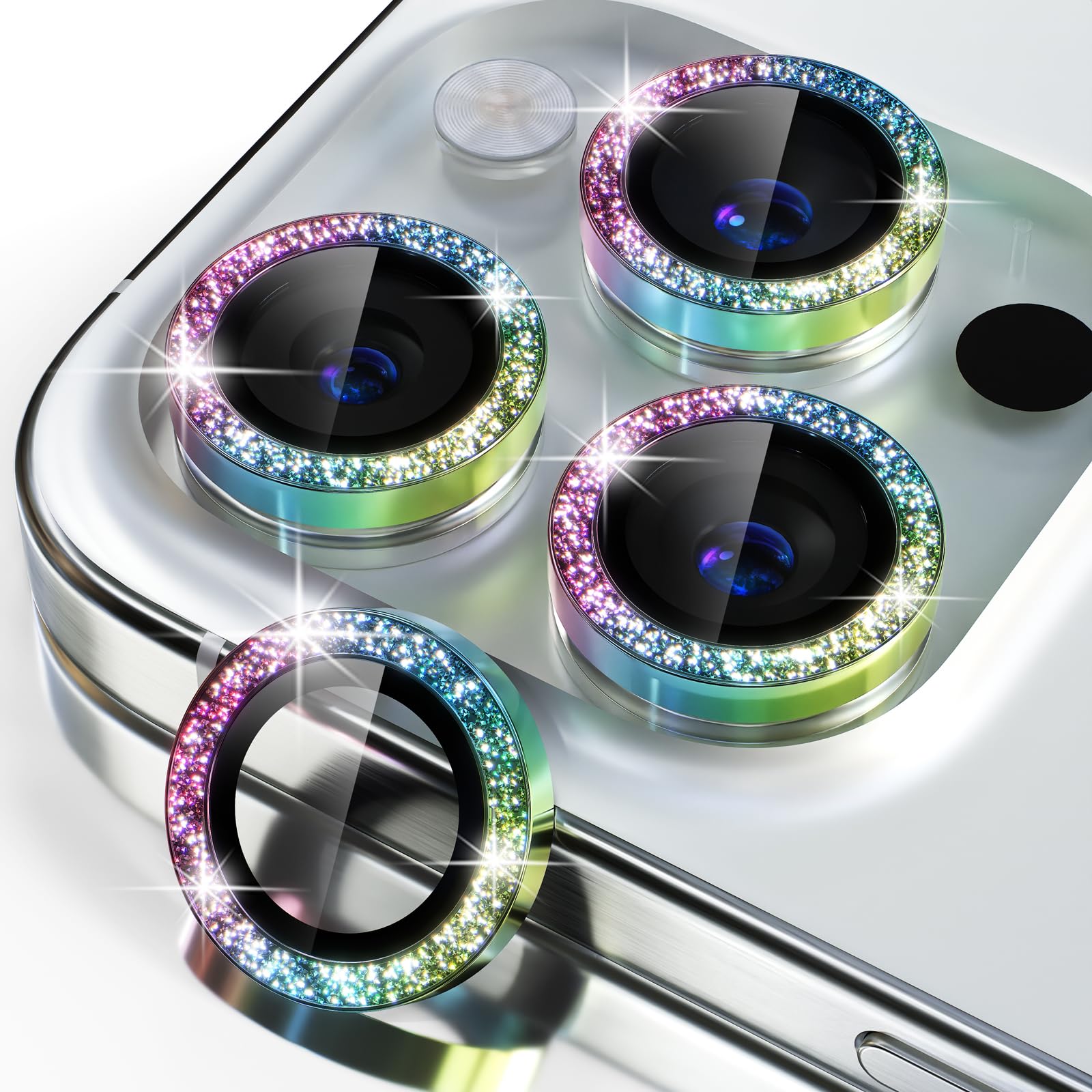 Misea Compatible for iPhone 15 Pro/iPhone 15 Pro Max Camera Lens Protector Bling, 9H Tempered Glass Camera Cover Screen Protector Metal Individual Ring Protector Decoration Accessori, Colorful Glitter