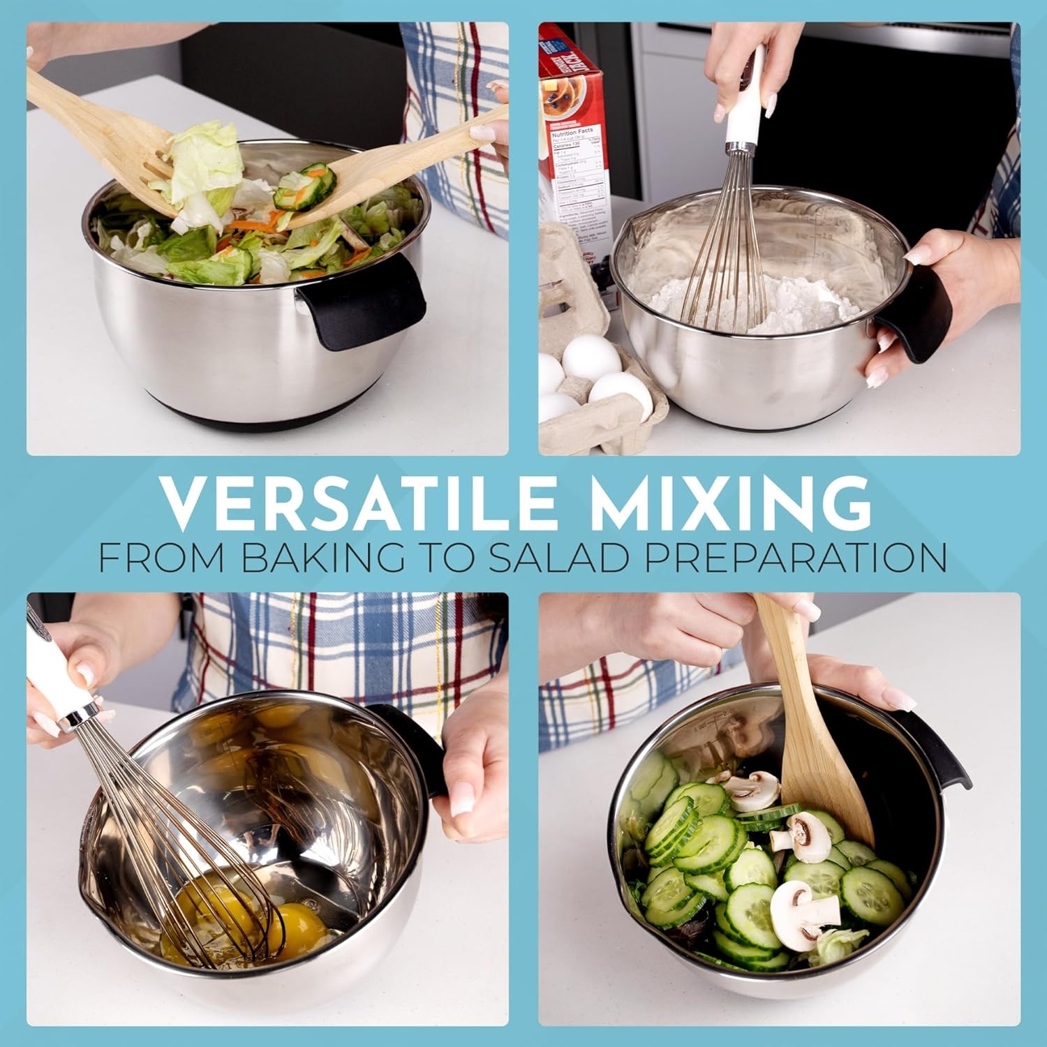 Homeware Stainless Steel Mixing Bowl With Lids Set Handles for Holidays: Gift Set For Kitchen With Pour Spout Non Slip Silicone Base On Bowls Strainer Graters For Kitchen - Image 2