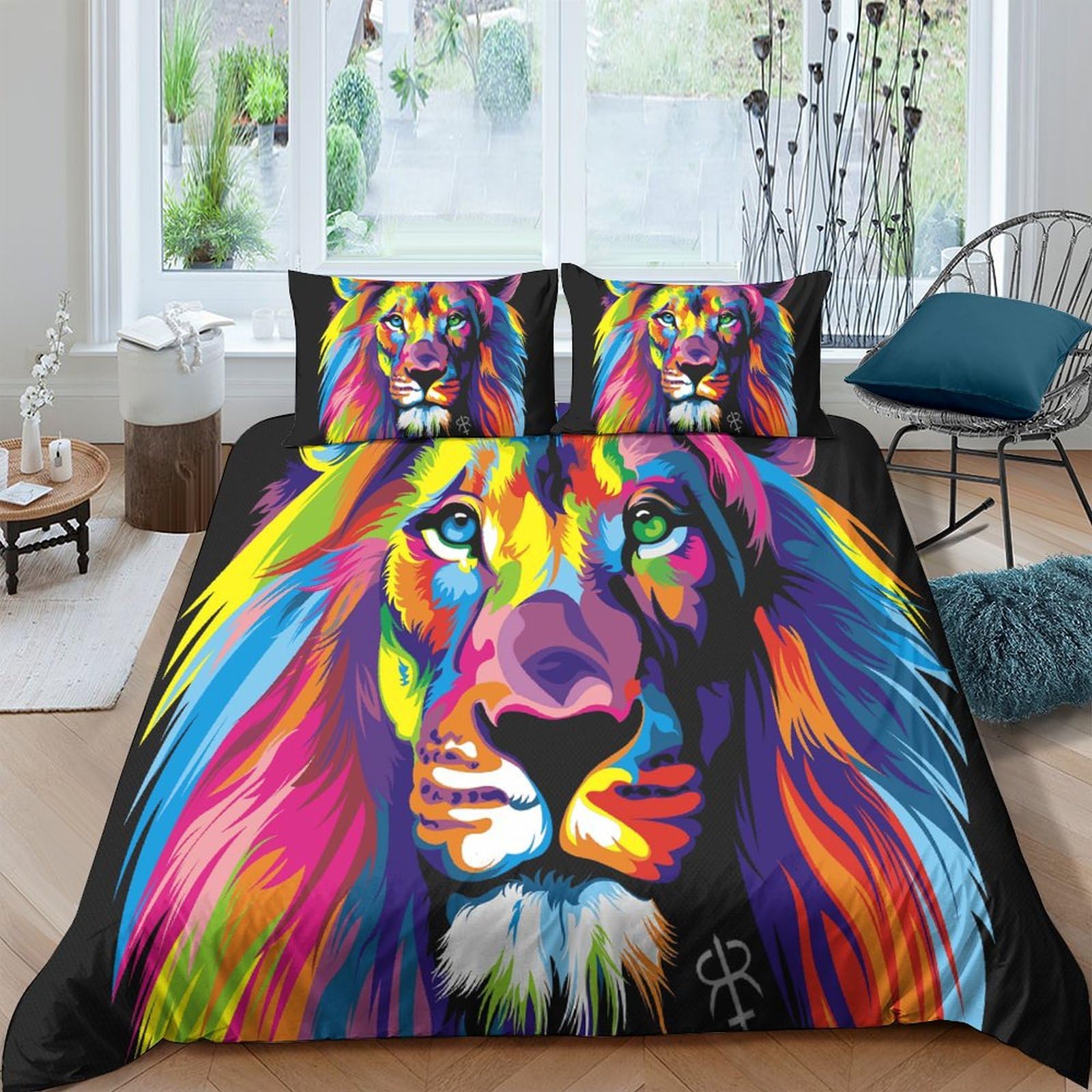 Housse de couette lion 3D 200x200 cm avec 2 taies d'oreiller en microfibre