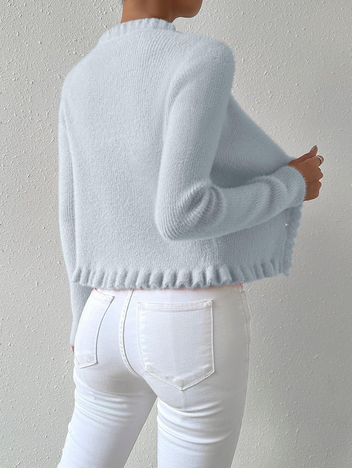 SKAYS Women's Ruffle Button Cardigan Knitted Cropped V-Neck Long Sleeve Front Open Top - Image 5