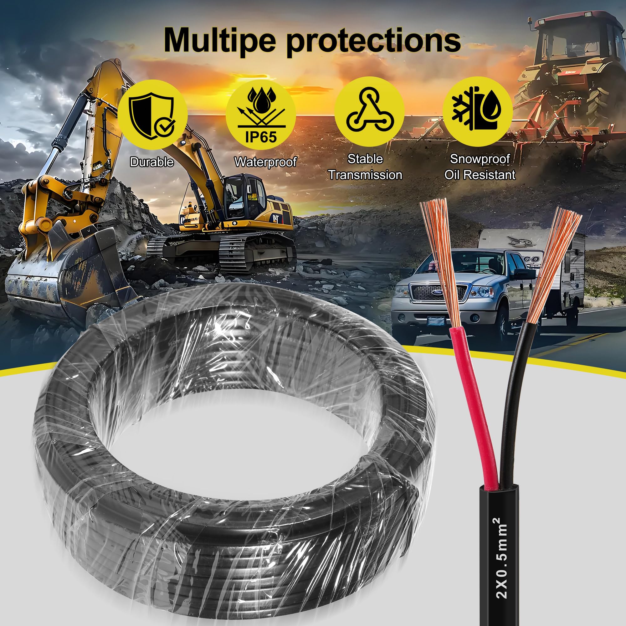 D-TECH Cavo Piatto 2 Fili per Auto 50M, Cavo Elettrico 2 conduttori rimorchio, 5V-80V Cavo a 2 conduttori per rimorchio Camion, Trattore, Barca, roulotte, Cavo Rimorchio 2 Poli 0,5mm²