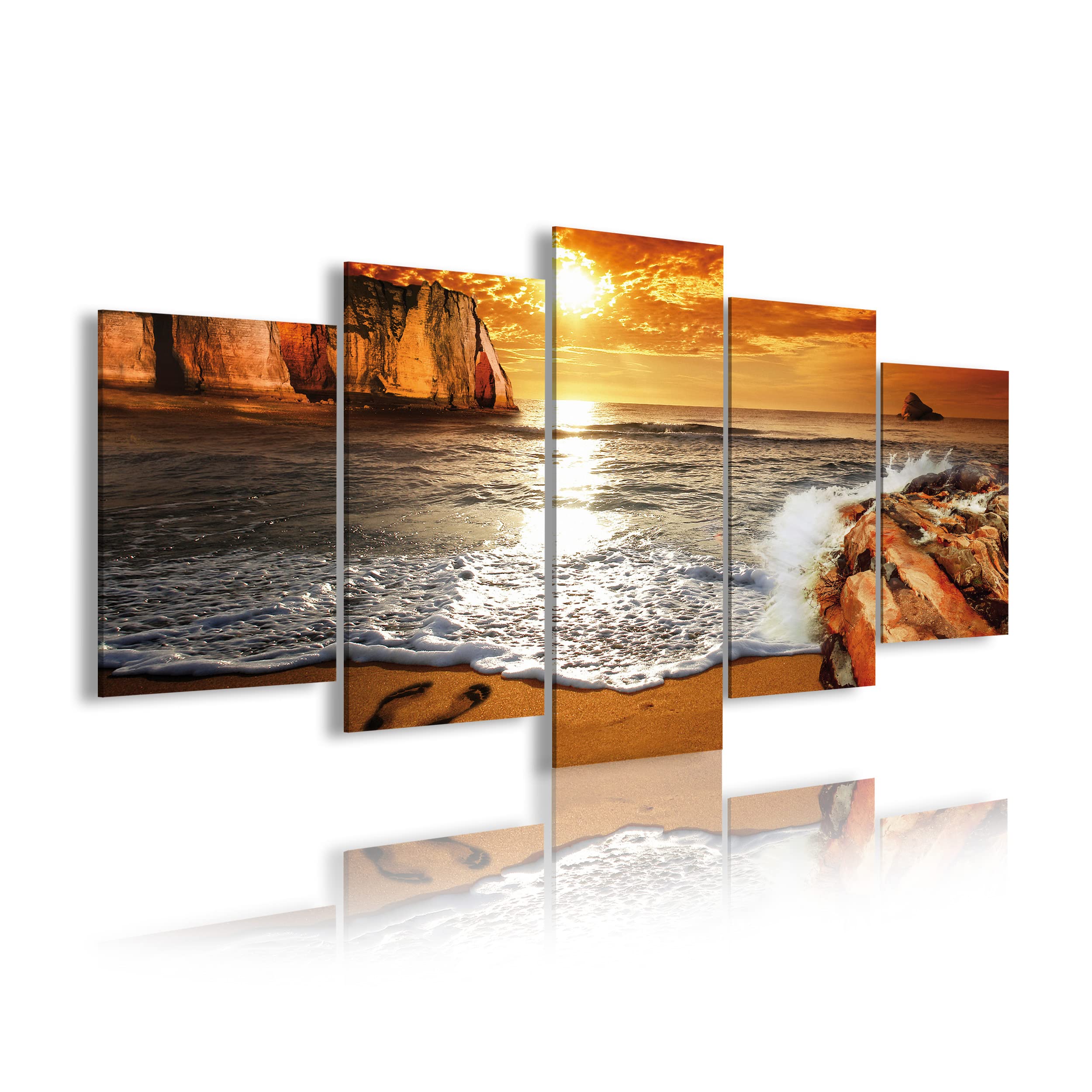DekoArte 268 - Cuadros Modernos Impresión de Imagen Artística Digitalizada | Lienzo Decorativo Para Tu Salón o Dormitorio | Estilo Paisaje Puesta de Sol en Playa | 5 Piezas 200 x 100 cm XXL