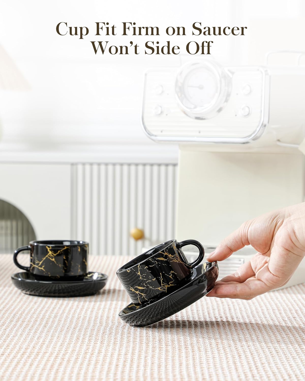 MALACASA 4 OZ Porcelain Espresso Cups with Saucers and Metal Stand Set of 4, Stackable Cappuccino Cups, Marble Black Expresso Shots Cup Set for Coffee Drinks, Latte, Tea