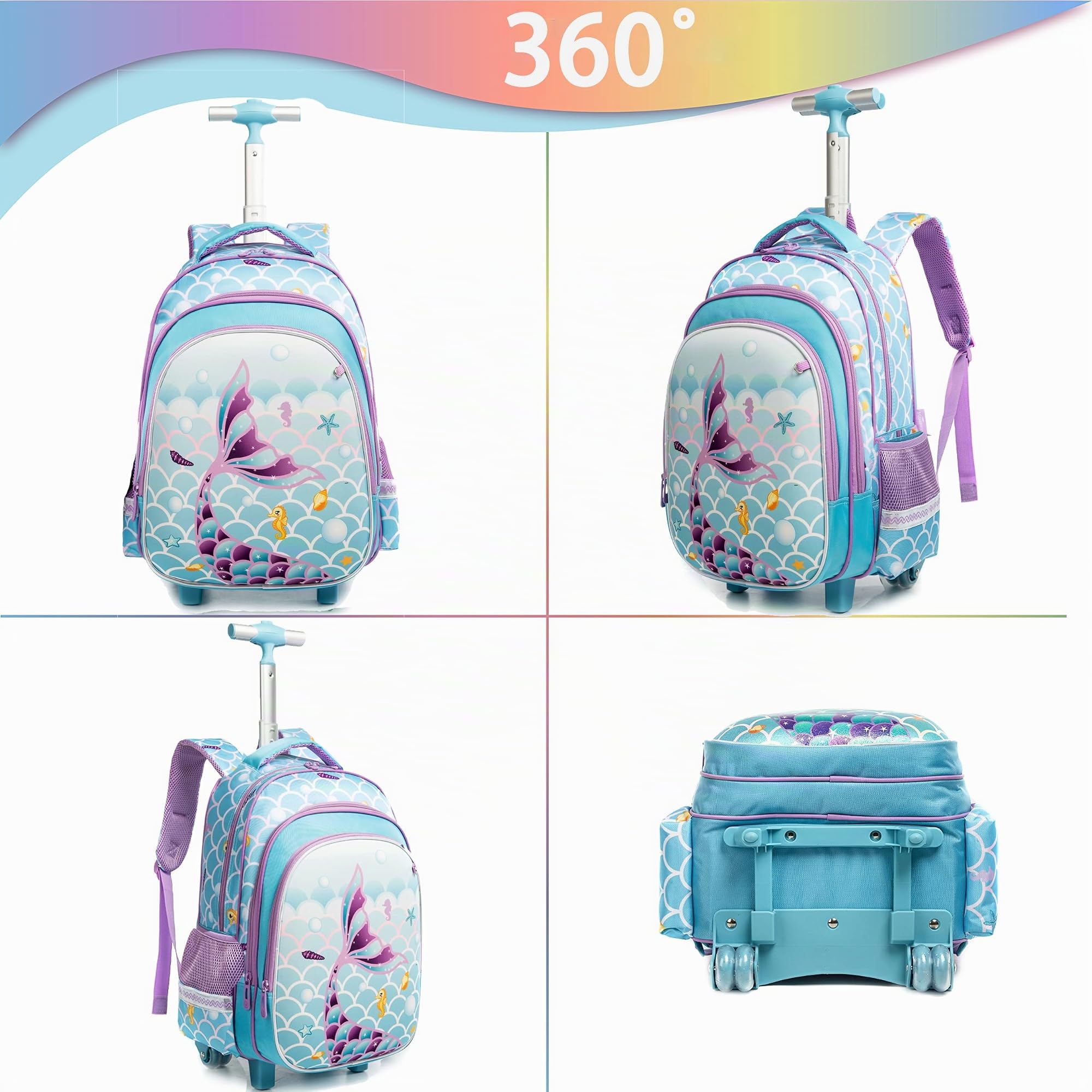 HTgroce Zaino per bambini con rotelle, zaino per la scuola per ragazze, università, studenti, viaggi, viaggi, scuola, bambini, zaino con ruote, bagaglio per laptop, con portapranzo, astuccio per