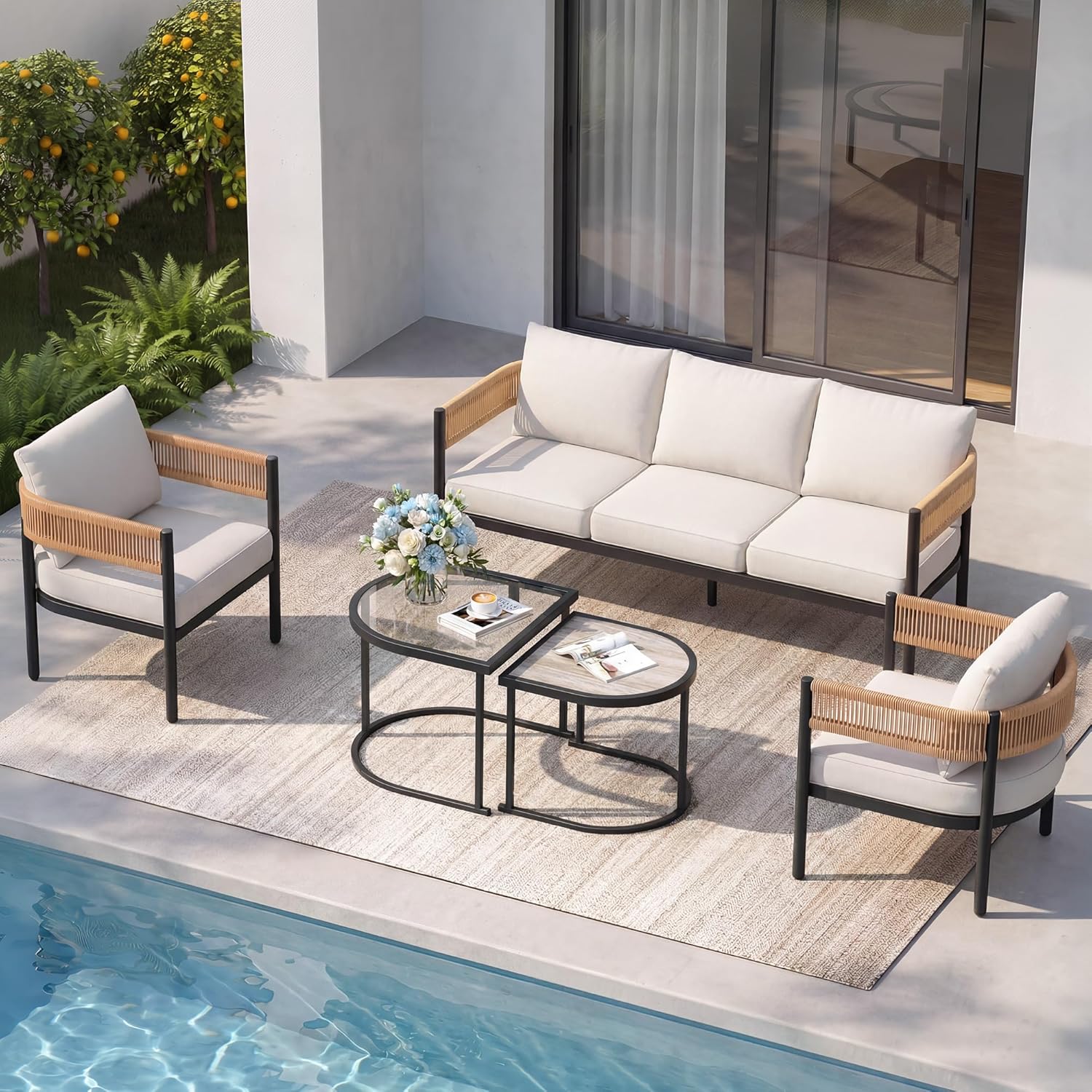 Grand patio 5-Piece Outdoor Furniture Set, 5 Seats Wicker Sofa Conversation Set with 3-Seat Couch, Thick Cushions and Coffee Table, for Backyard, Balcony, Garden (Natural)