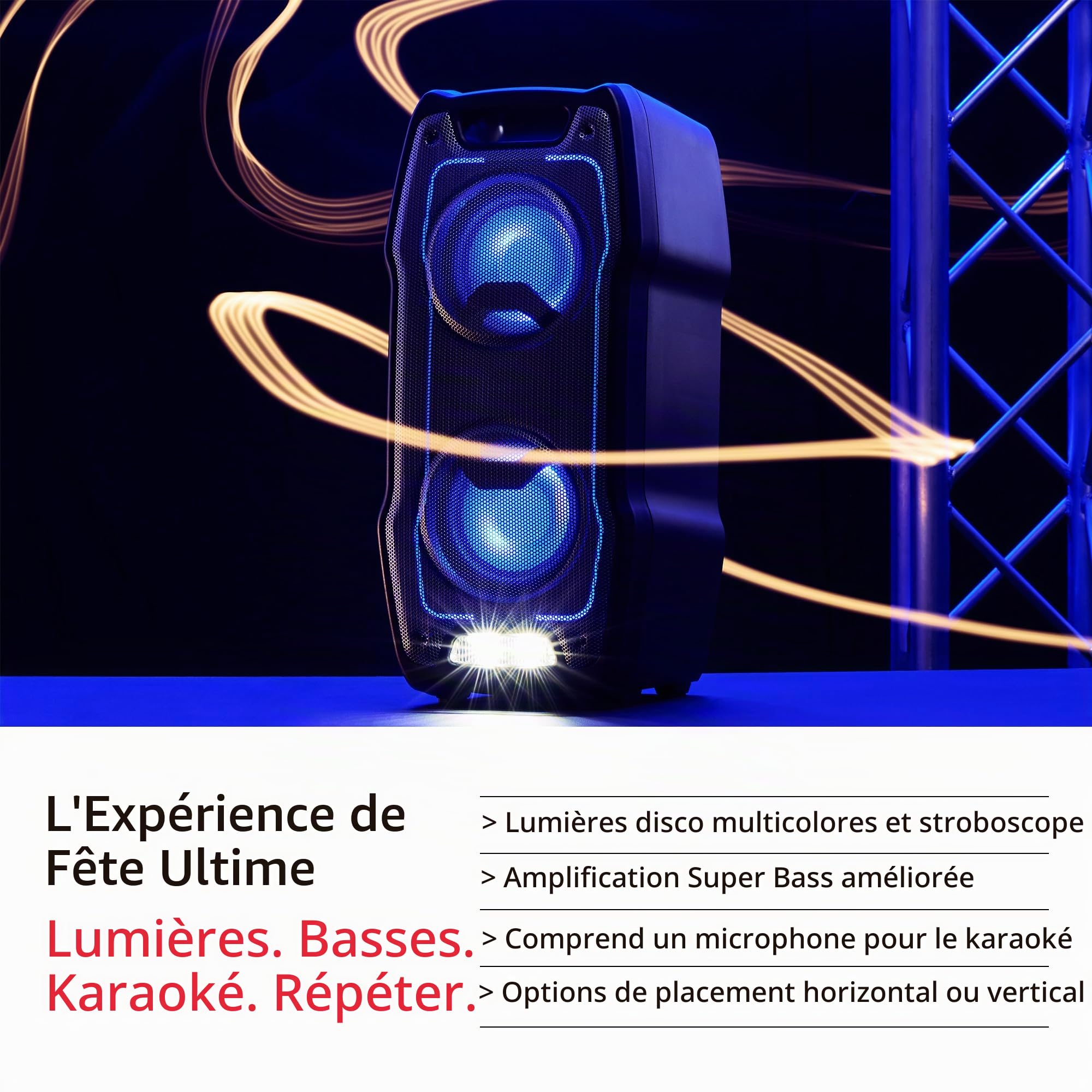 SHARP PS-931 Party Speaker, microphone, TWS, Bluetooth, 2xUSB, 2 ports 6,3 mm pour microphone et guitare, lumières multicolores, 180W P.maxima, batterie lithium intégrée avec jusqu'à 13 heures de lec.