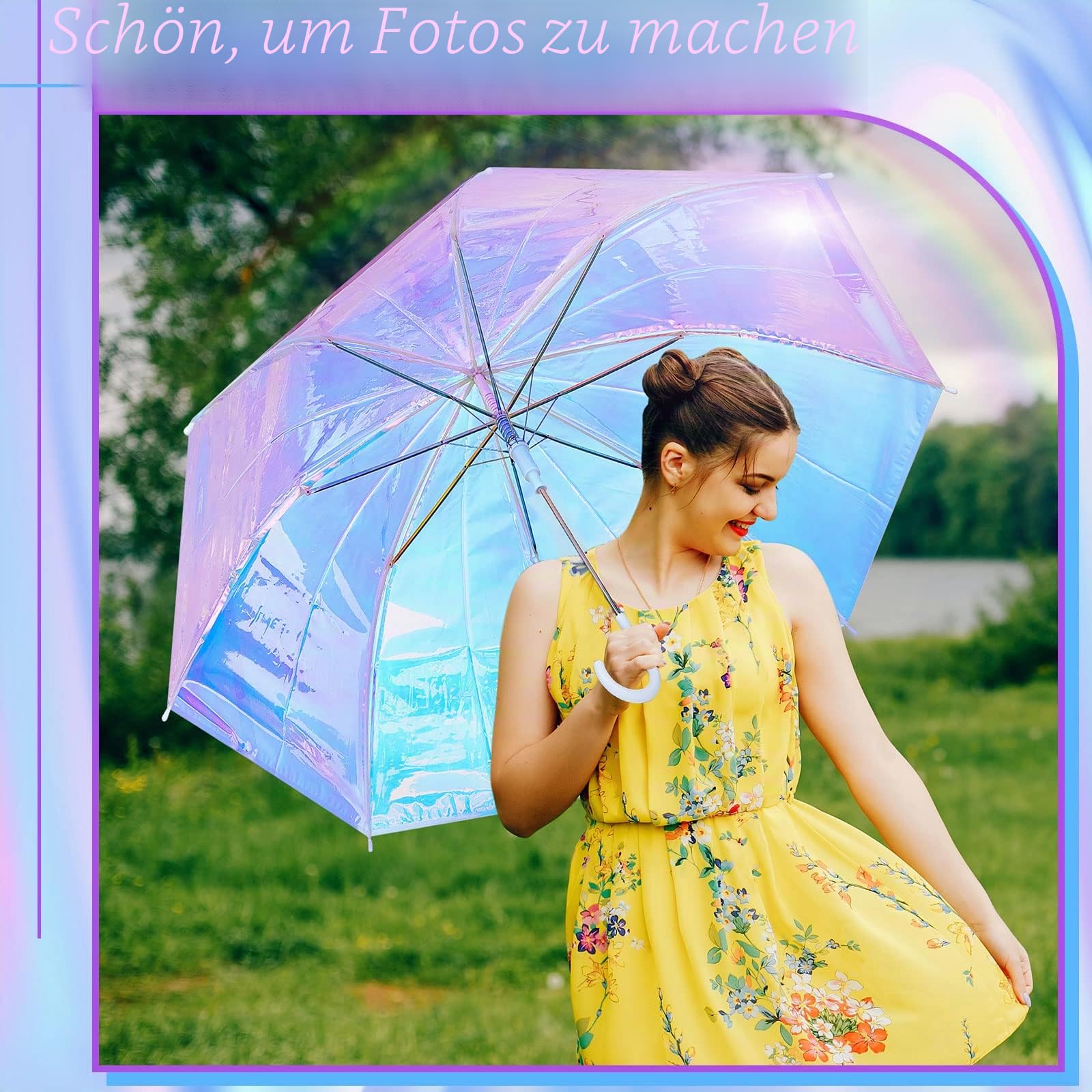 Dunzy Holografischer breiter Regenschirm, schillernd, klarer Regenschirm für Hochzeit, automatisches Öffnen, Winddicht, Sonnenschirm, J-Haken-Stick, Regenschirm, 99 cm (2 Stück)
