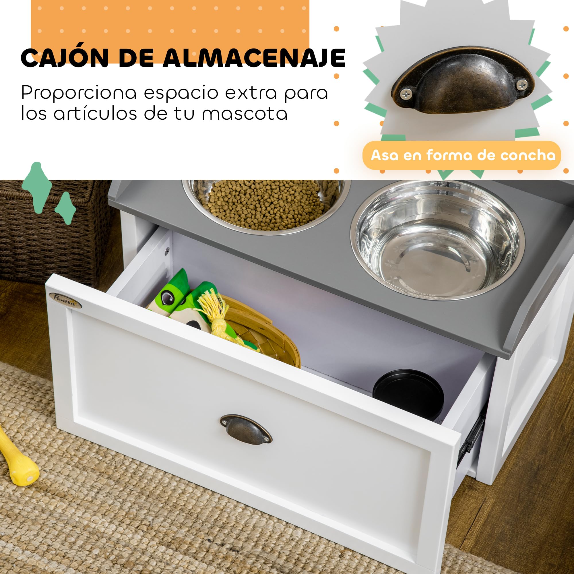 PawHut Conjunto de 1 Comedero Elevado para Perros Grandes con 2 Tazones 2000ml de Acero Inoxidable y 1 Contenedor de Comida para Perros Plegable 25L con Ruedas Taza Medidora Blanco y Gris
