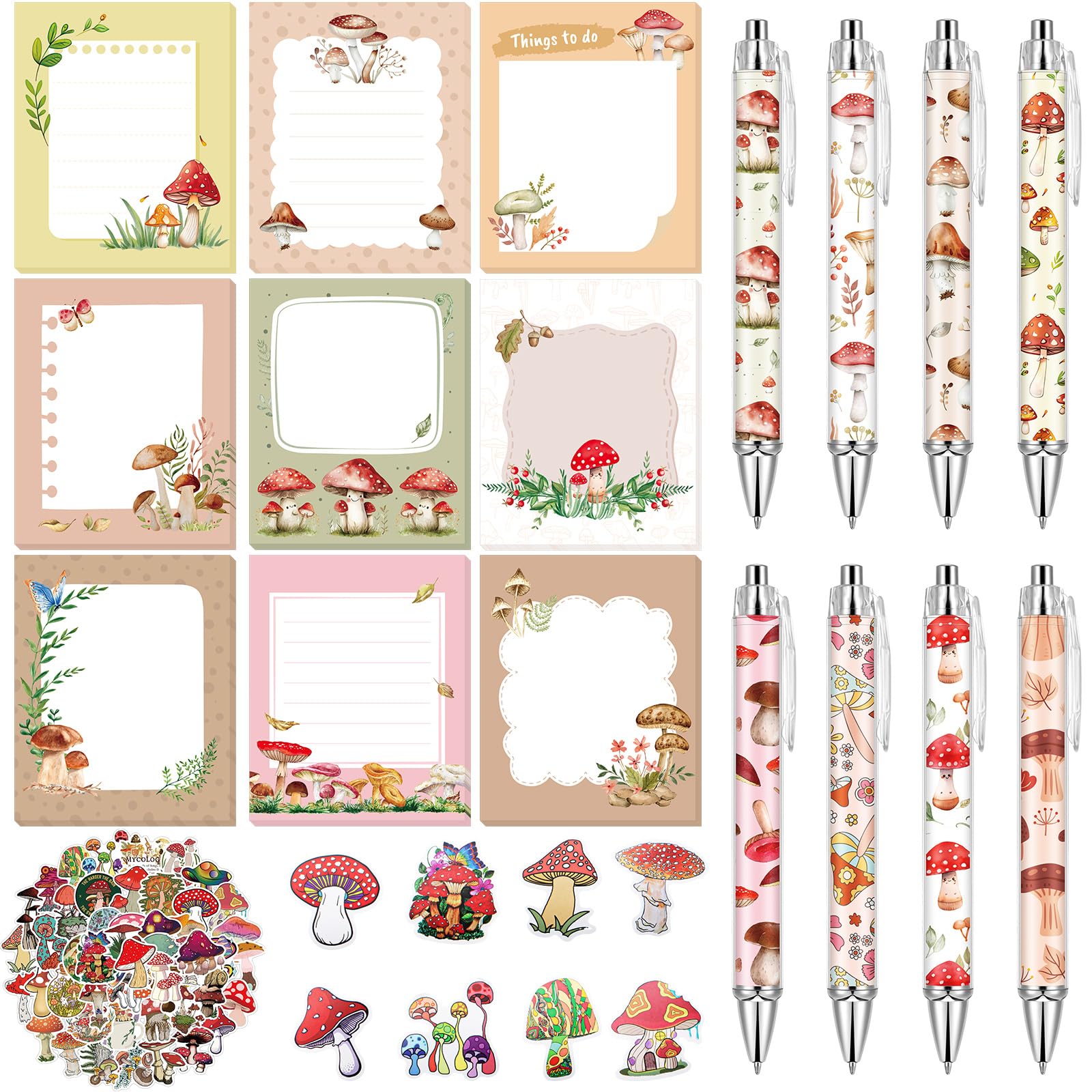 Fuyoooo Mushroom Gifts Set for Women Include Mushroom Ballpoint Pens Sticky Notes Stickers Office Stationery Supplies for Xmas Gifts Theme Birthday