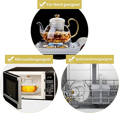 Miniatura 8 de Tetera de vidrio de gran capacidad con infusor extraíble, apta para estufa, vidrio de borosilicato grueso resistente al calor, 46 onzas líquidas