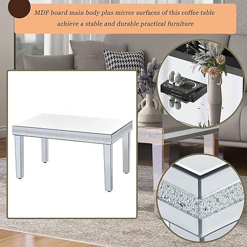 Miniatura 4 de Mesa de café contemporánea con espejo de vidrio de 35 pulgadas, mesa de cóctel de fácil montaje con diseño de cristal y patas de altura ajustable,